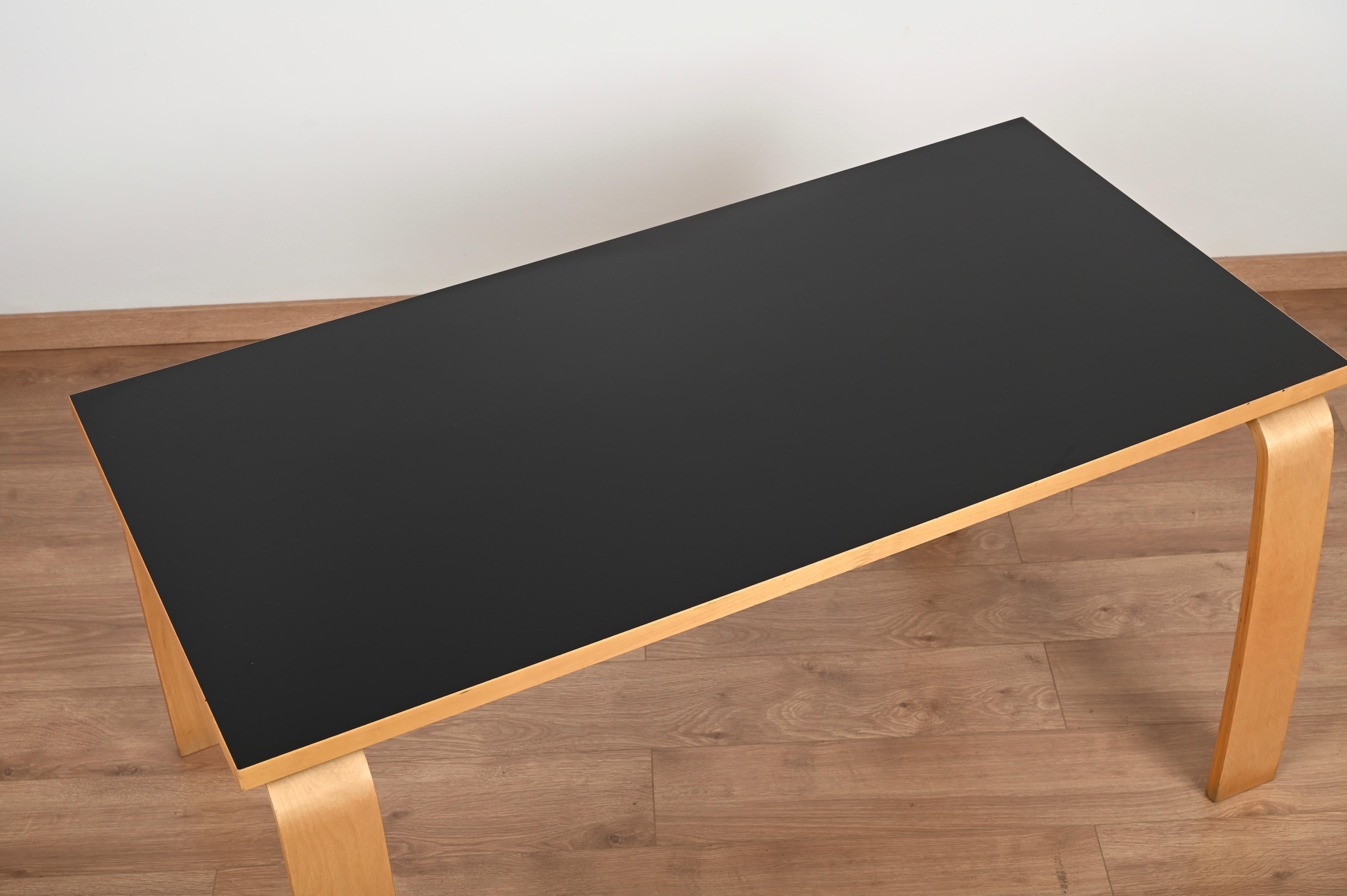Hand-Crafted Midcentury Alvar Aalto Desk or Dining Table in Black Laminated and Beech, 1970s For Sale