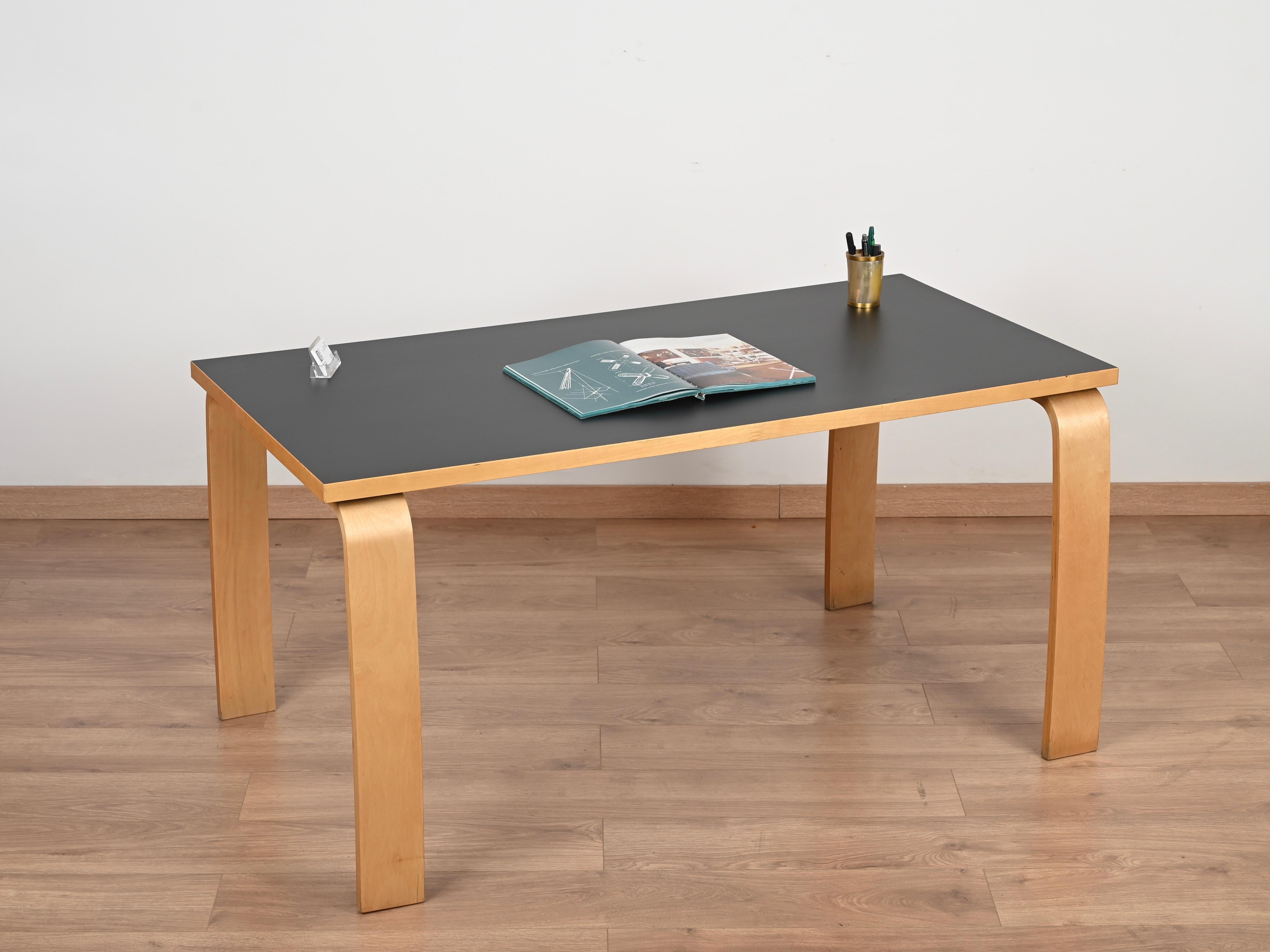 20th Century Midcentury Alvar Aalto Desk or Dining Table in Black Laminated and Beech, 1970s For Sale