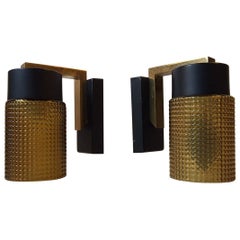 Midcentury Amber Glass and Brass Sconces, 1960s Set of 2