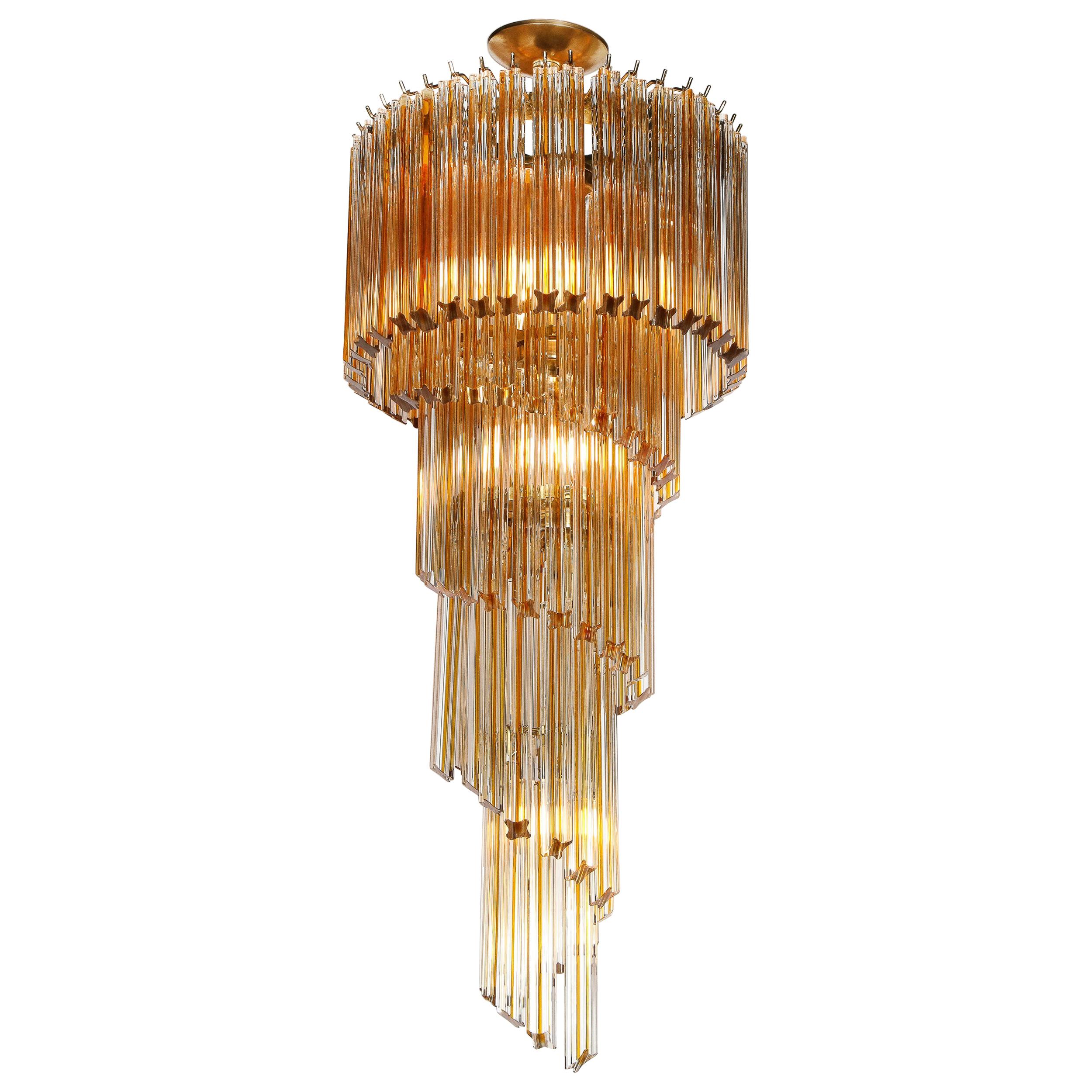 Midcentury Amber Spiral Form Quadretti Camer Chandelier with Brass Fittings