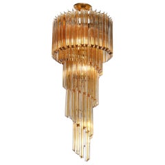 Midcentury Amber Spiral Form Quadretti Camer Chandelier with Brass Fittings