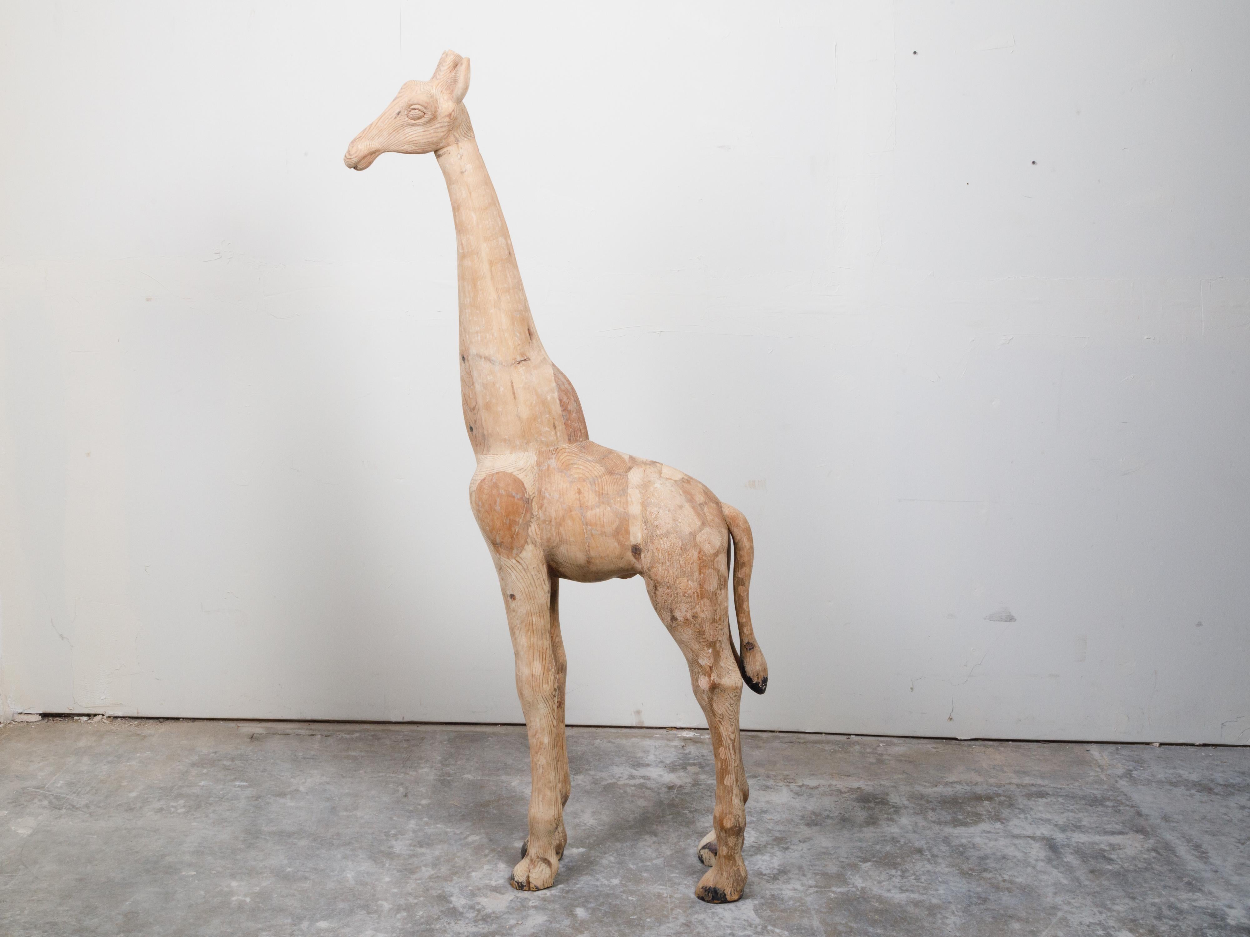 Mid-Century American Carved Wooden Giraffe Sculpture with Natural Finish For Sale 5