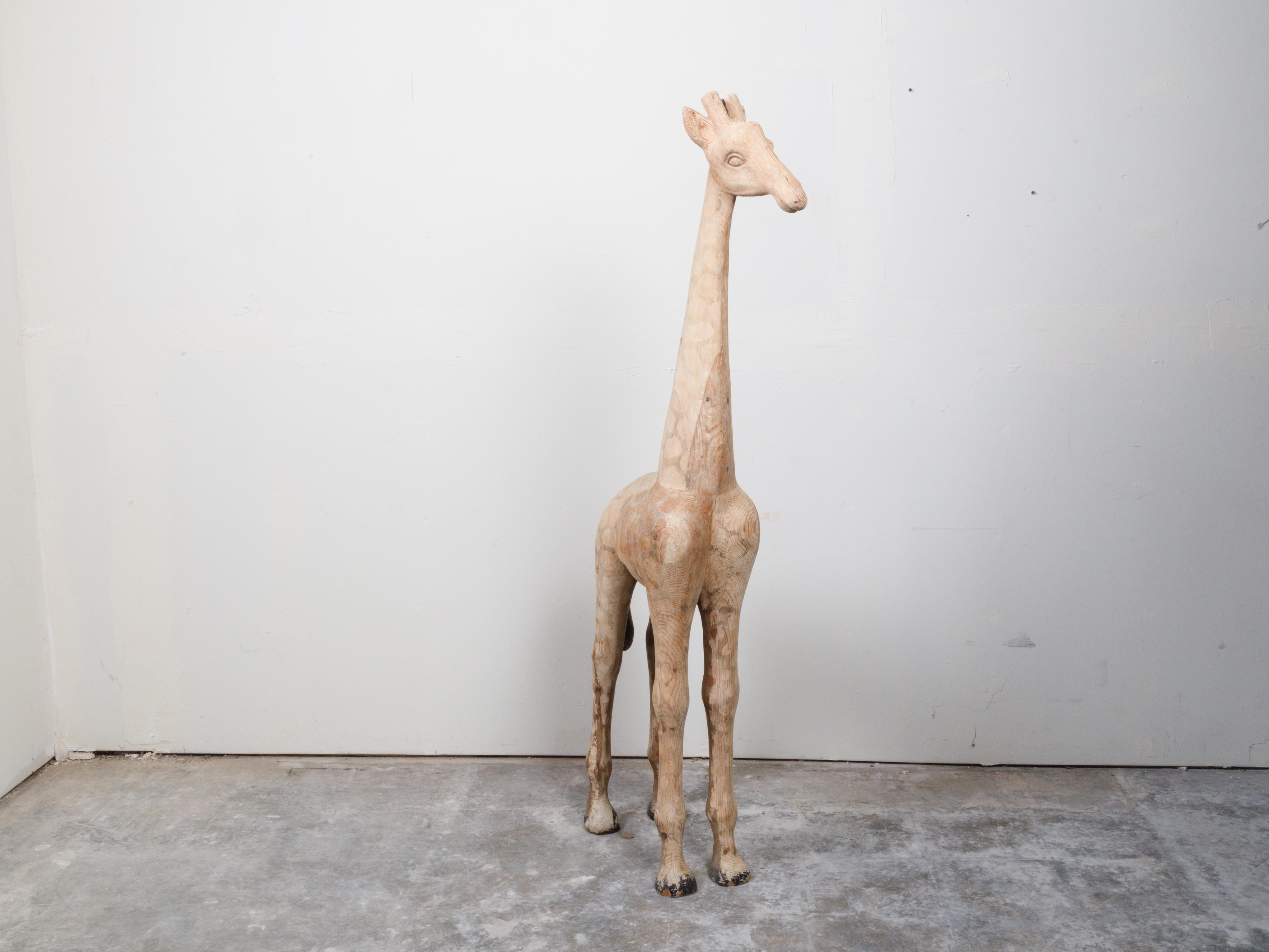 Hand-Carved Mid-Century American Carved Wooden Giraffe Sculpture with Natural Finish For Sale