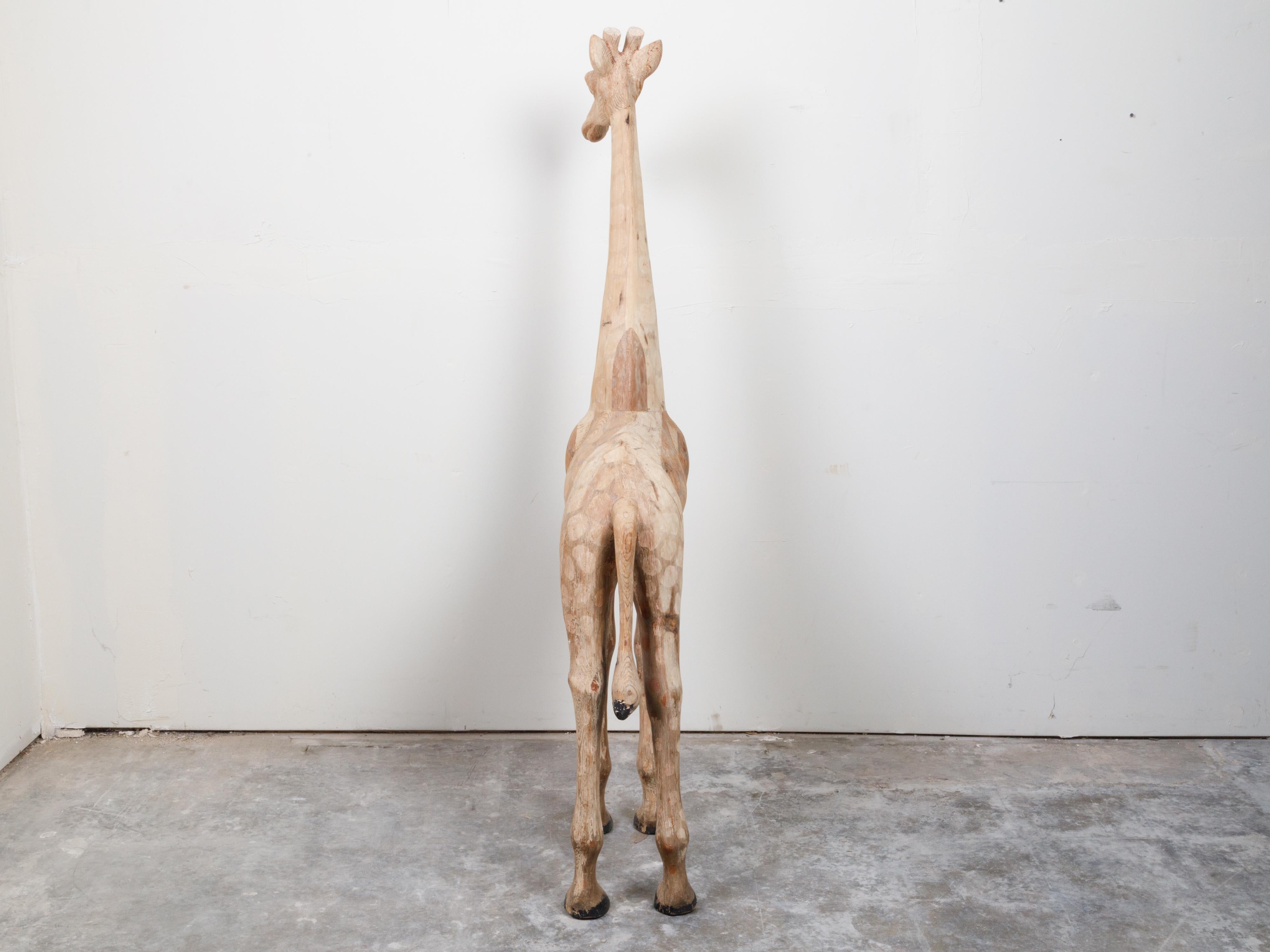 Mid-Century American Carved Wooden Giraffe Sculpture with Natural Finish For Sale 2