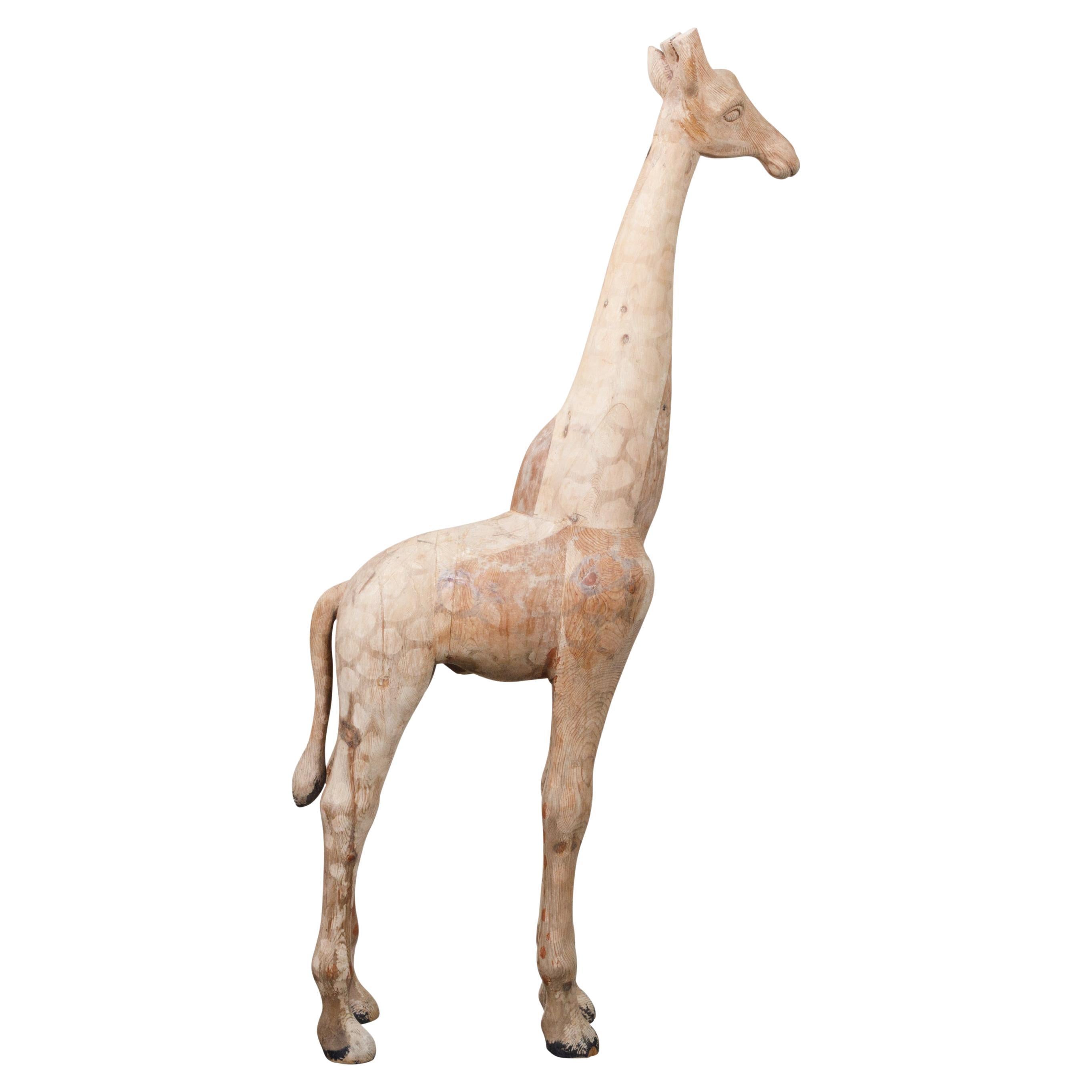 Mid-Century American Carved Wooden Giraffe Sculpture with Natural Finish For Sale