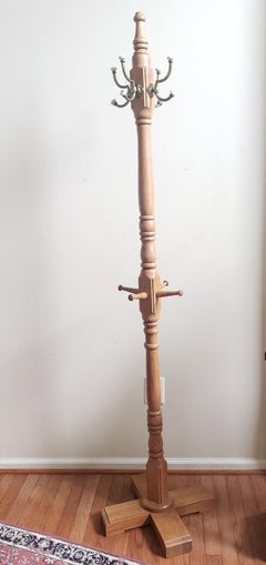 Midcentury American Colonial Oak Coats and Hats Hall Tree with Porcelain Hooks