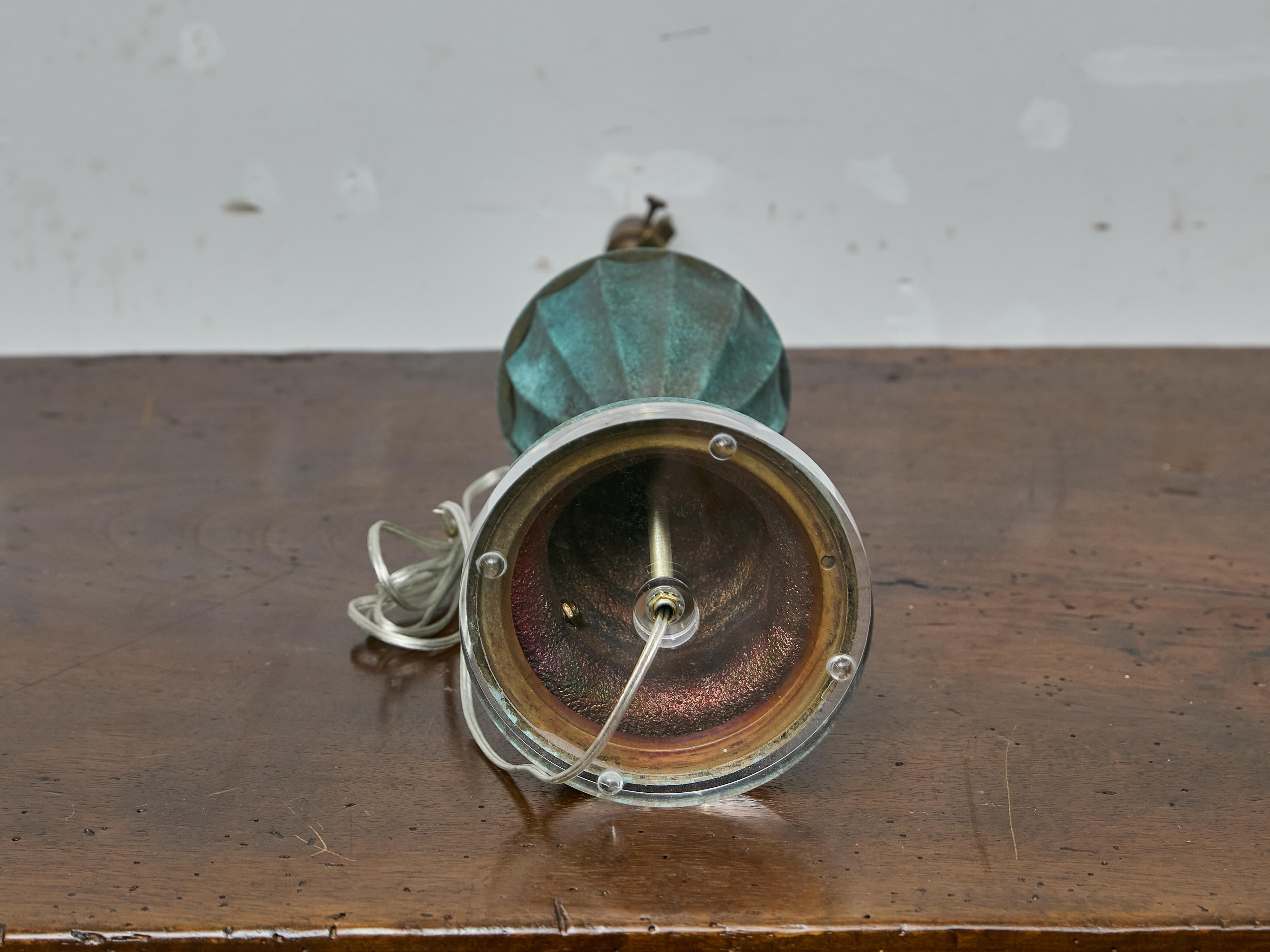 Midcentury American Copper Table Lamp with Verdigris Patina on Lucite Base In Good Condition For Sale In Atlanta, GA