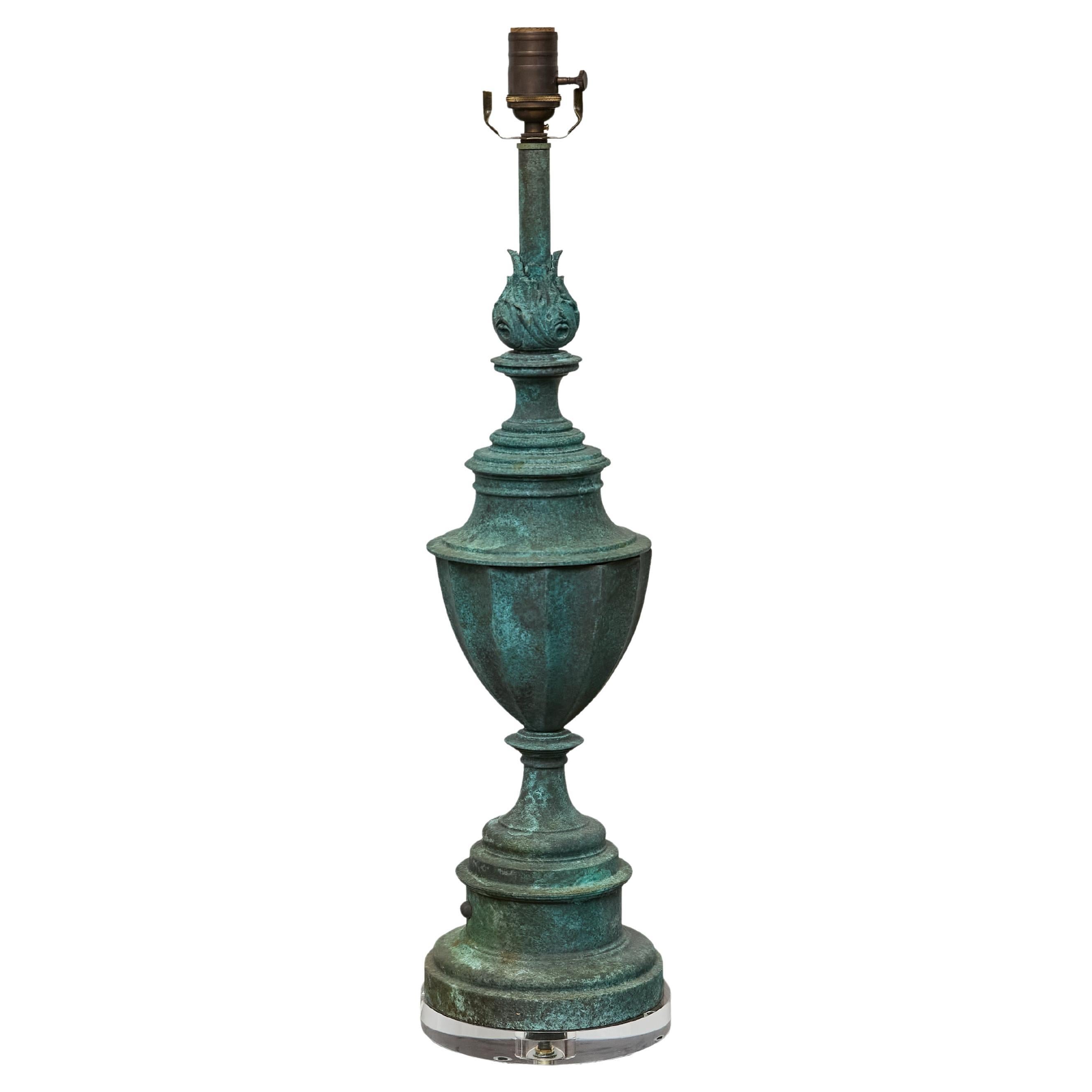 Midcentury American Copper Table Lamp with Verdigris Patina on Lucite Base For Sale