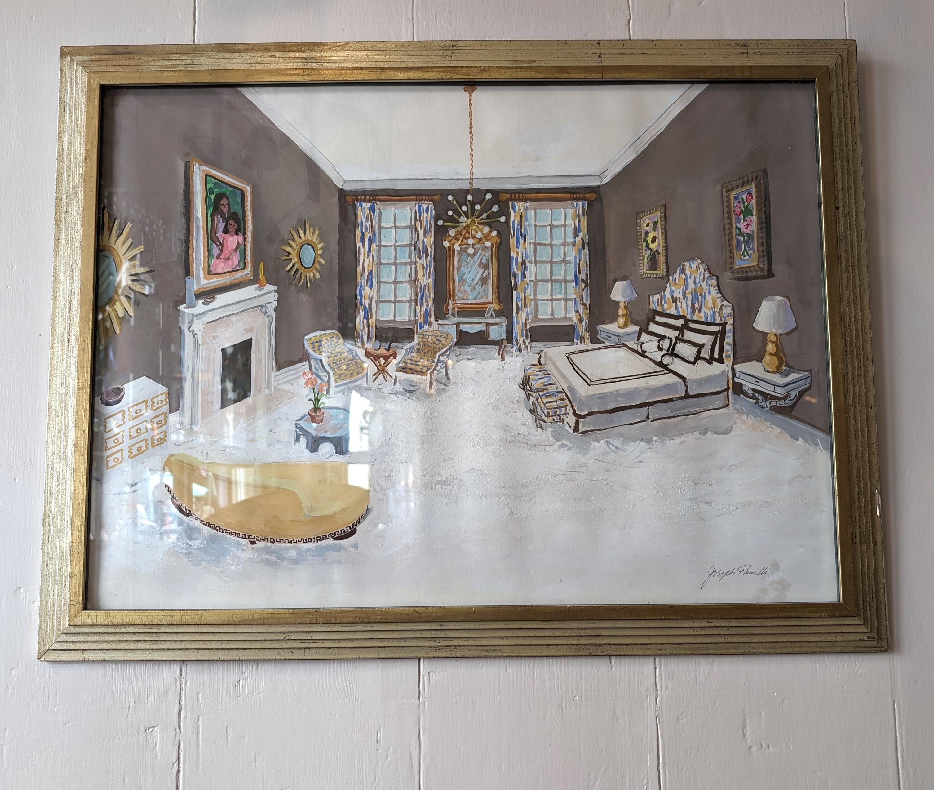 Cuadro de diseño de dormitorio de la Regencia de Hollywood, estilo Dorothy Draper, estadounidense de mediados de siglo, en óleo o acrílico sobre papel. Marco de madera dorada.

Dimensiones: anchura 77,5 cm, altura 58,5 cm