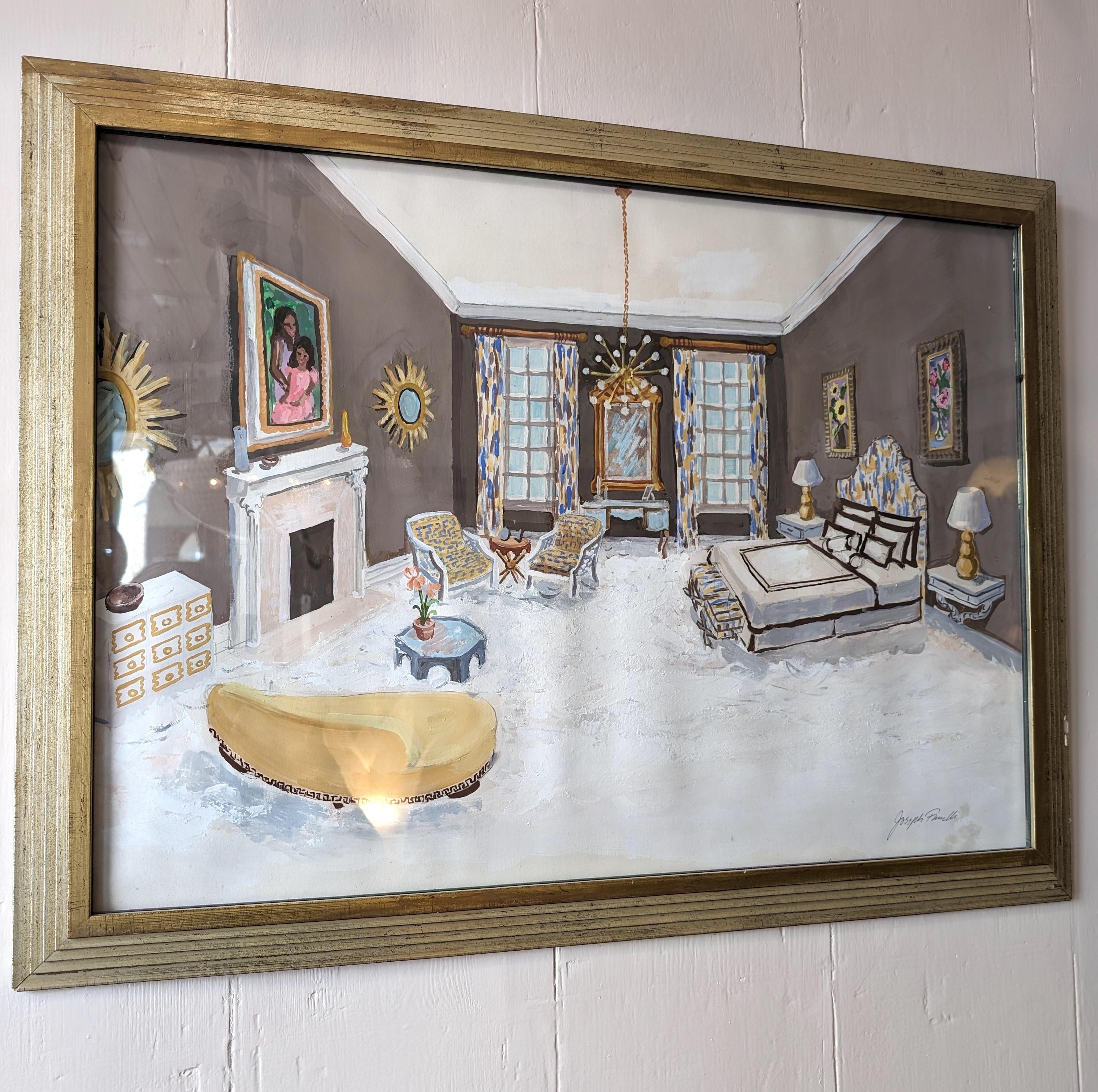 Midcentury American Dorothy Draper style Hollywood Regency interior painting In Good Condition For Sale In Hastings, GB