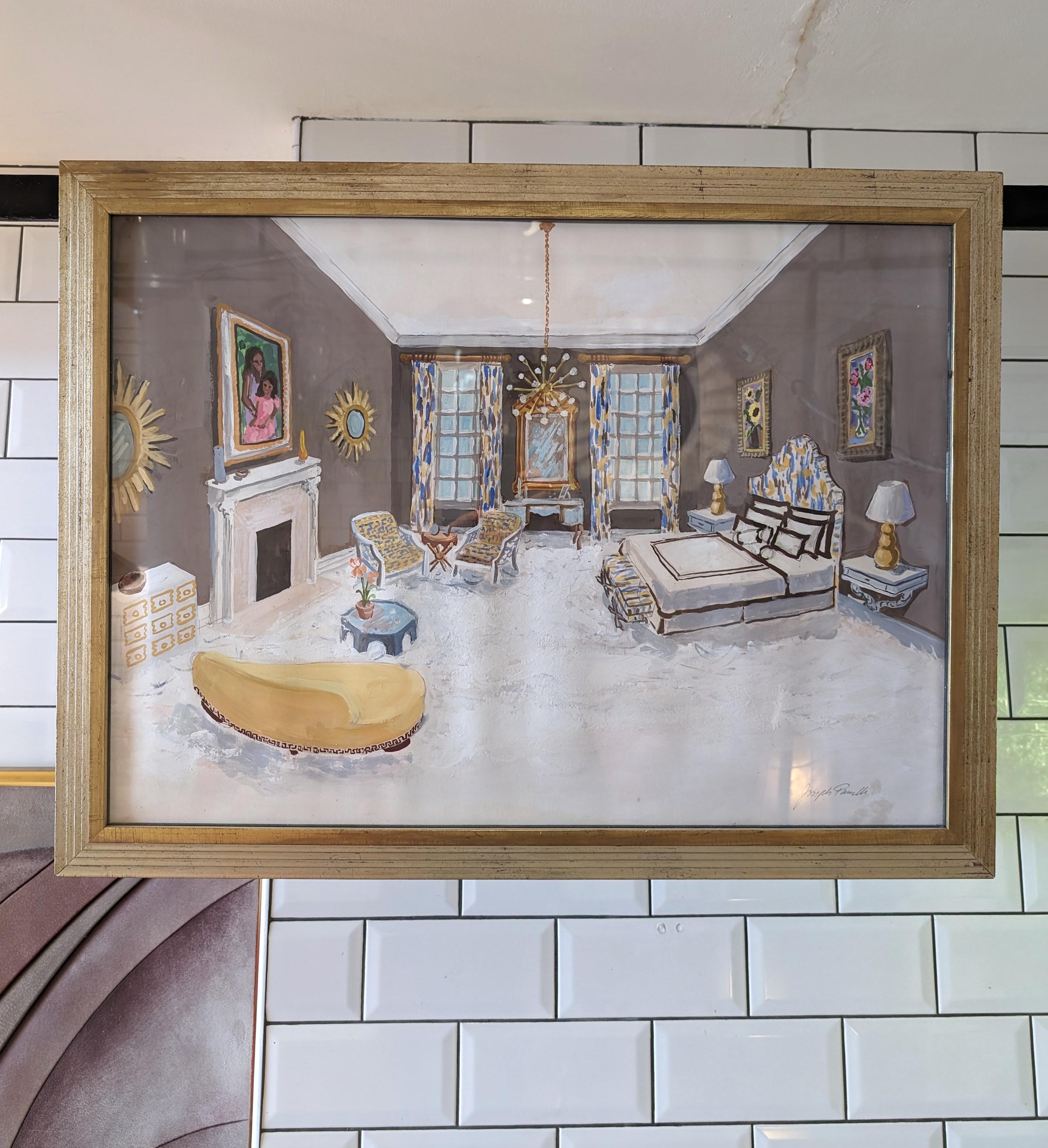 Glass Midcentury American Dorothy Draper style Hollywood Regency interior painting For Sale