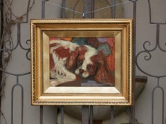 Midcentury American Framed Oil on Board Painting of a King Charles Spaniel Dog