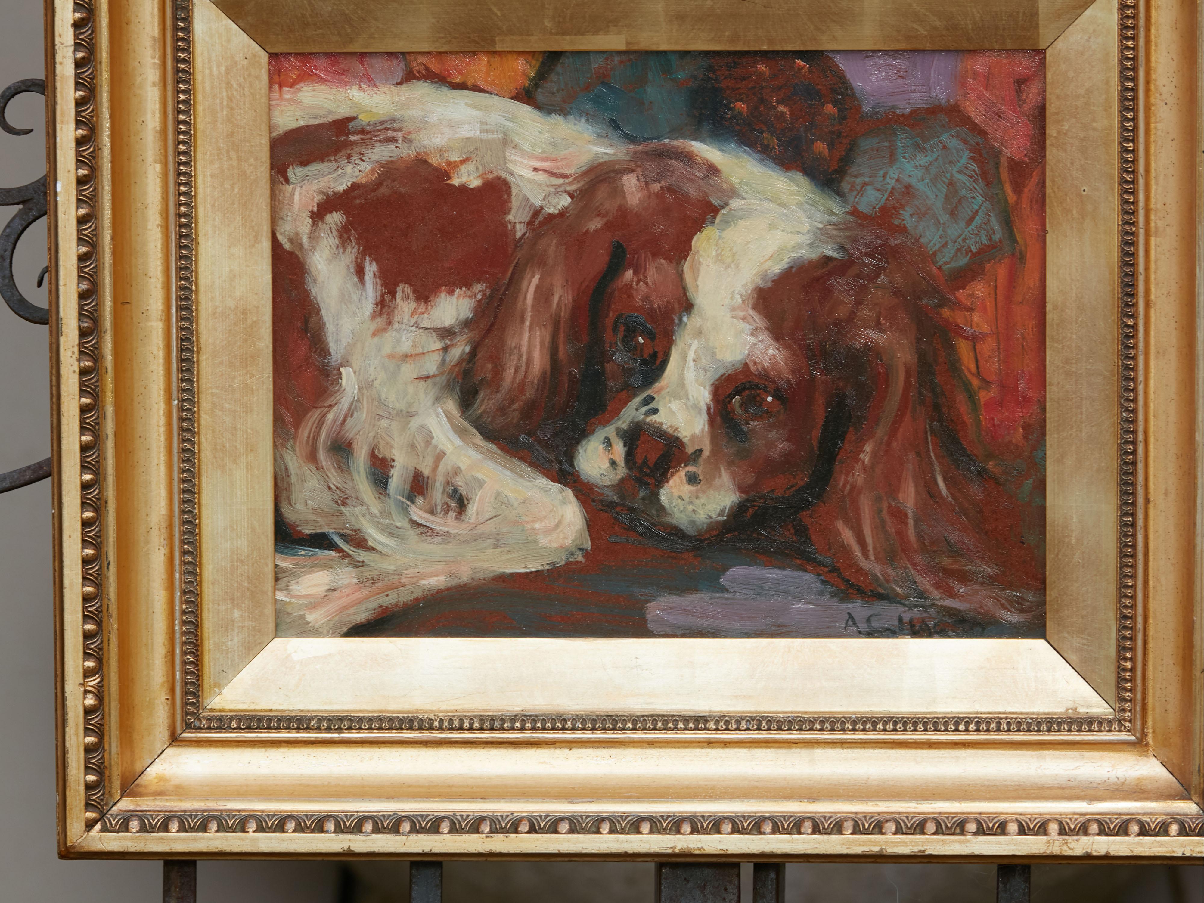 Carved Midcentury American Framed Oil on Board Painting of a King Charles Spaniel Dog For Sale