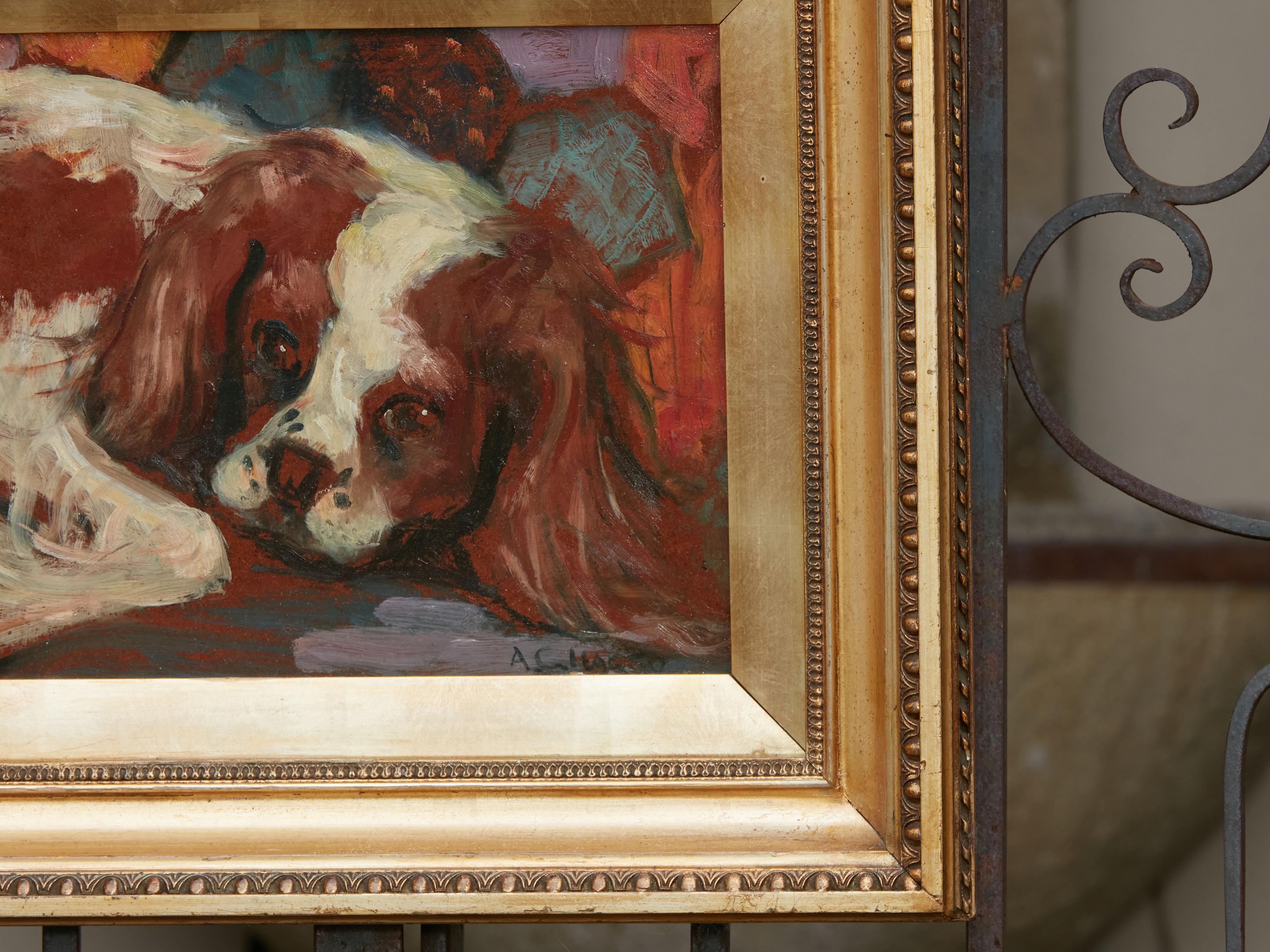 Hand-Painted Midcentury American Framed Oil on Board Painting of a King Charles Spaniel Dog For Sale