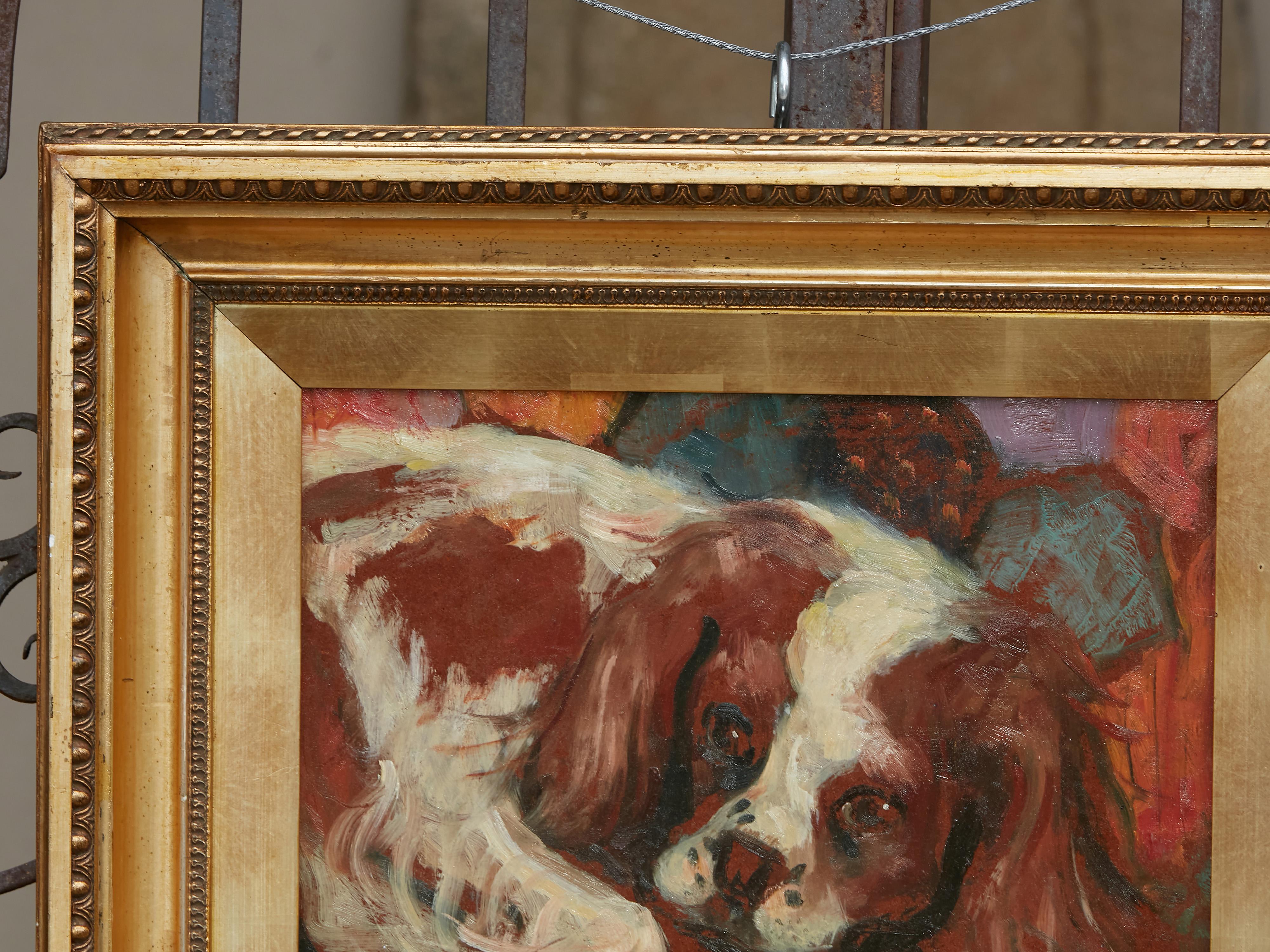 20th Century Midcentury American Framed Oil on Board Painting of a King Charles Spaniel Dog For Sale