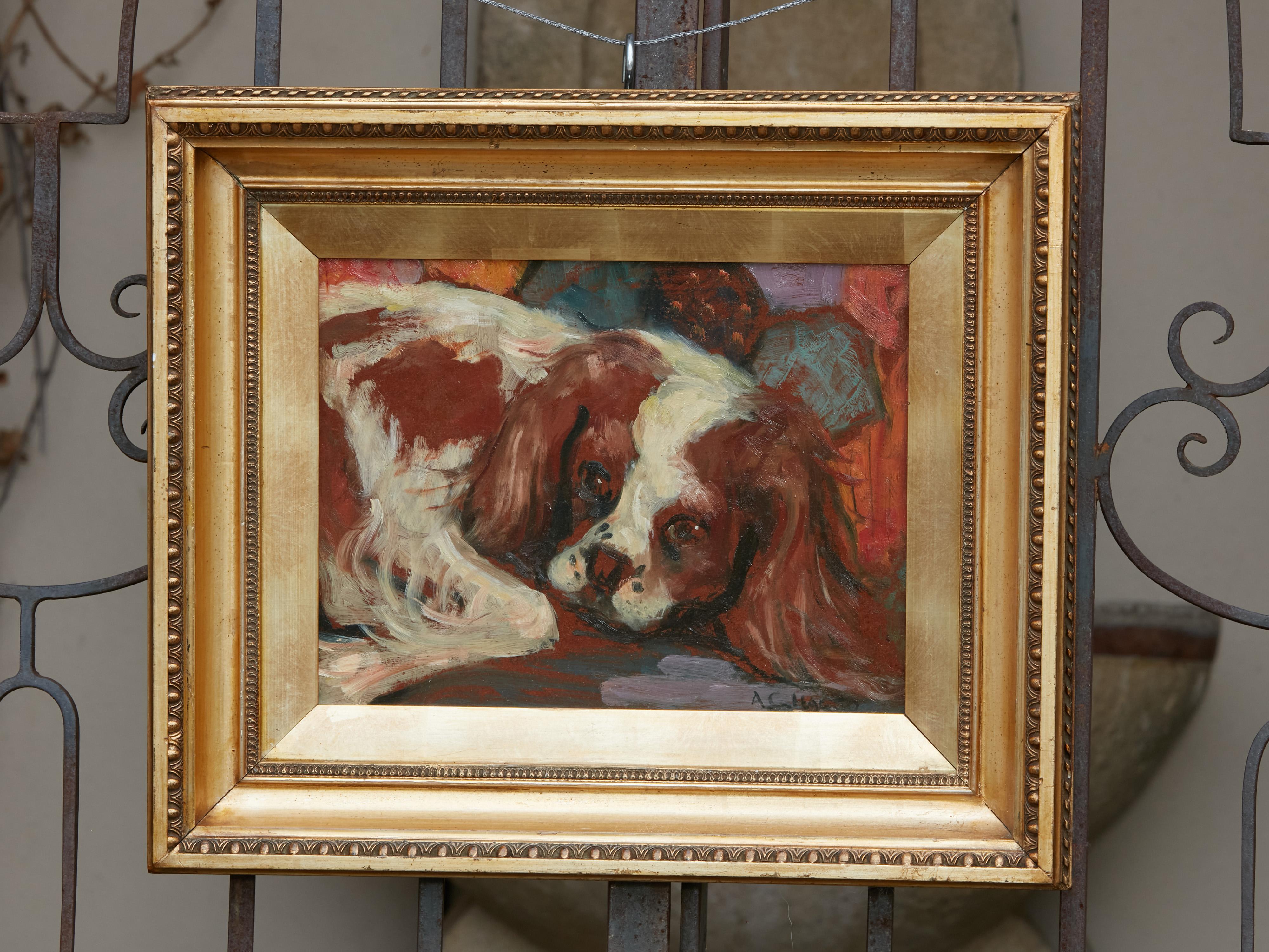 Wood Midcentury American Framed Oil on Board Painting of a King Charles Spaniel Dog For Sale