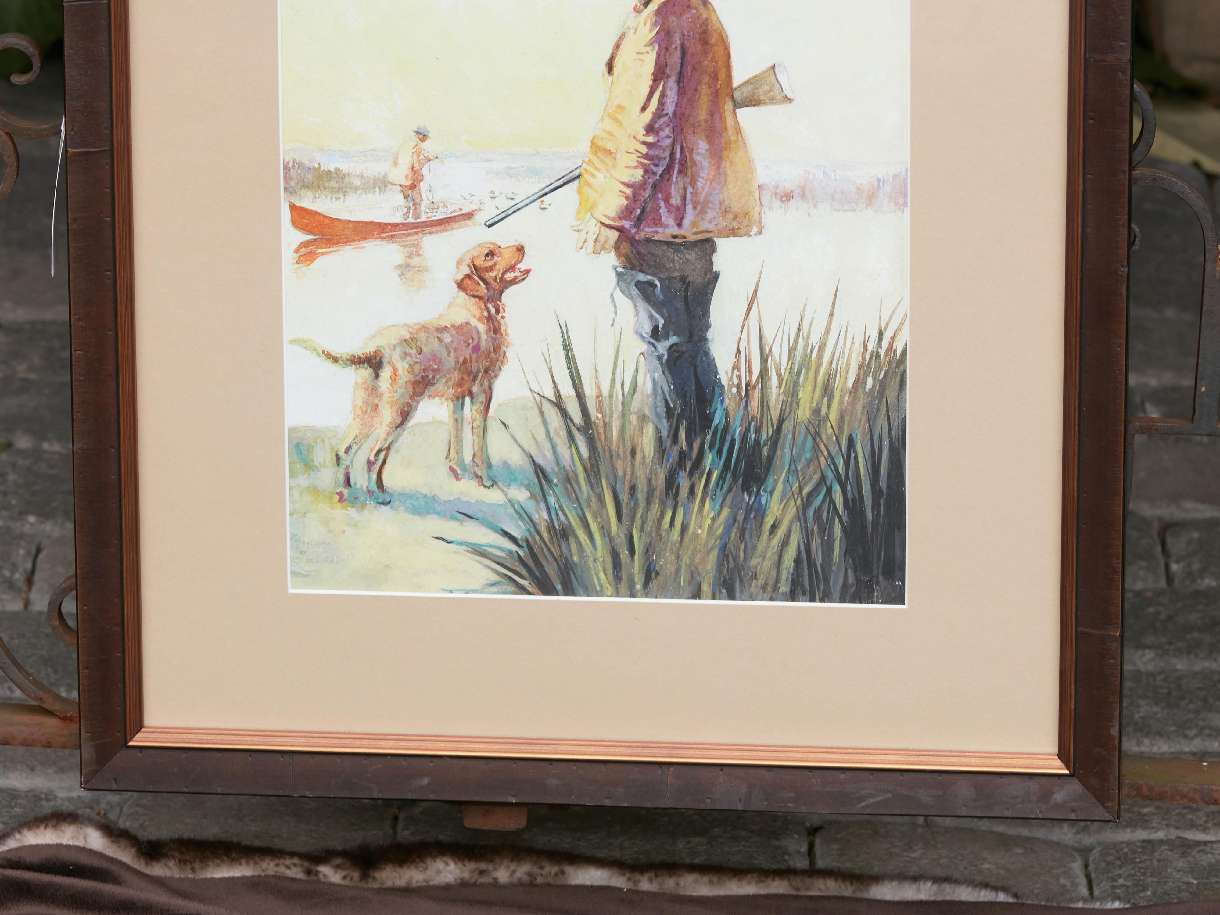 Midcentury American Framed Watercolor Depicting a Hunter and His Dog at Sunrise For Sale 4