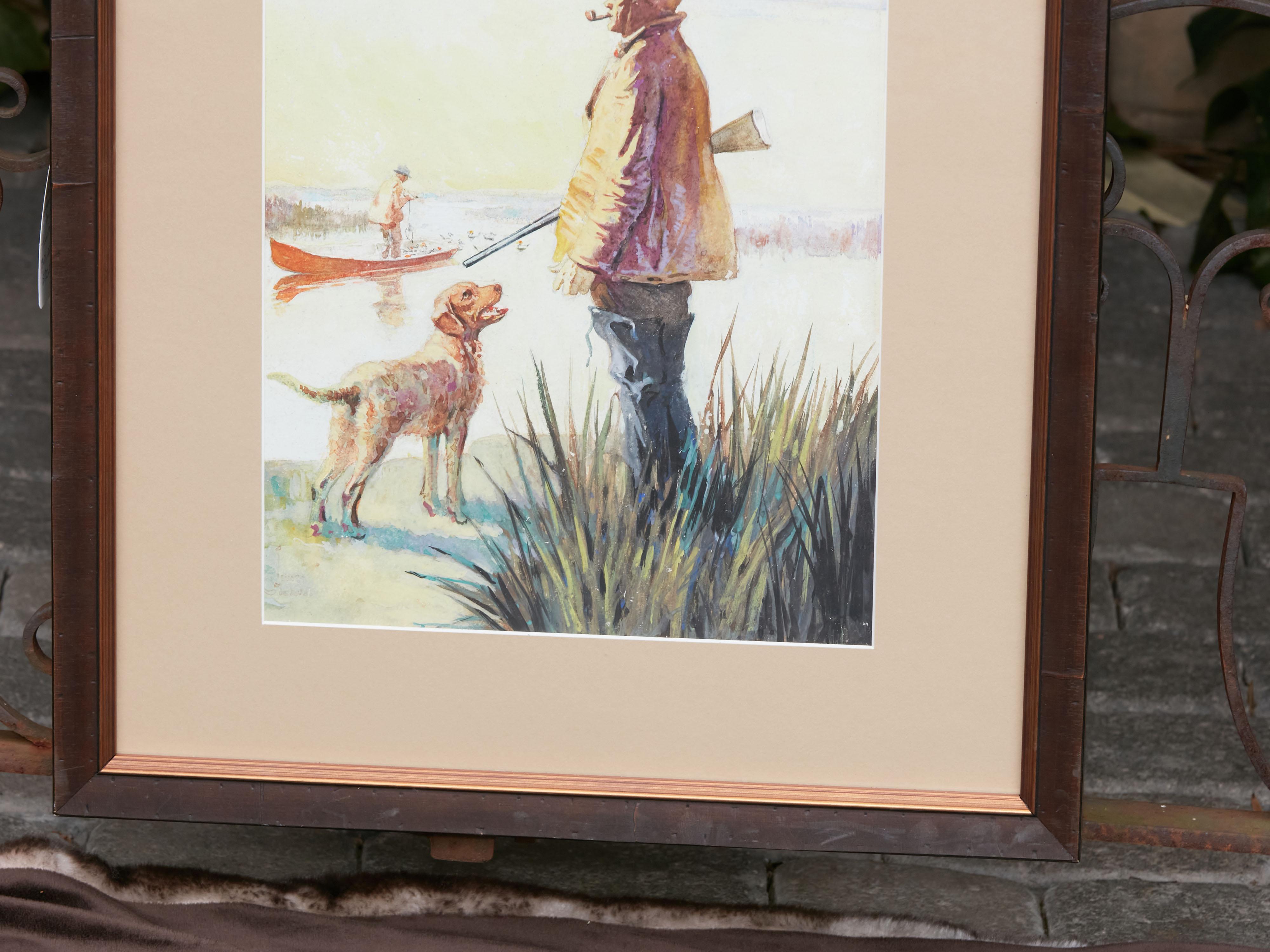 Midcentury American Framed Watercolor Depicting a Hunter and His Dog at Sunrise For Sale 5