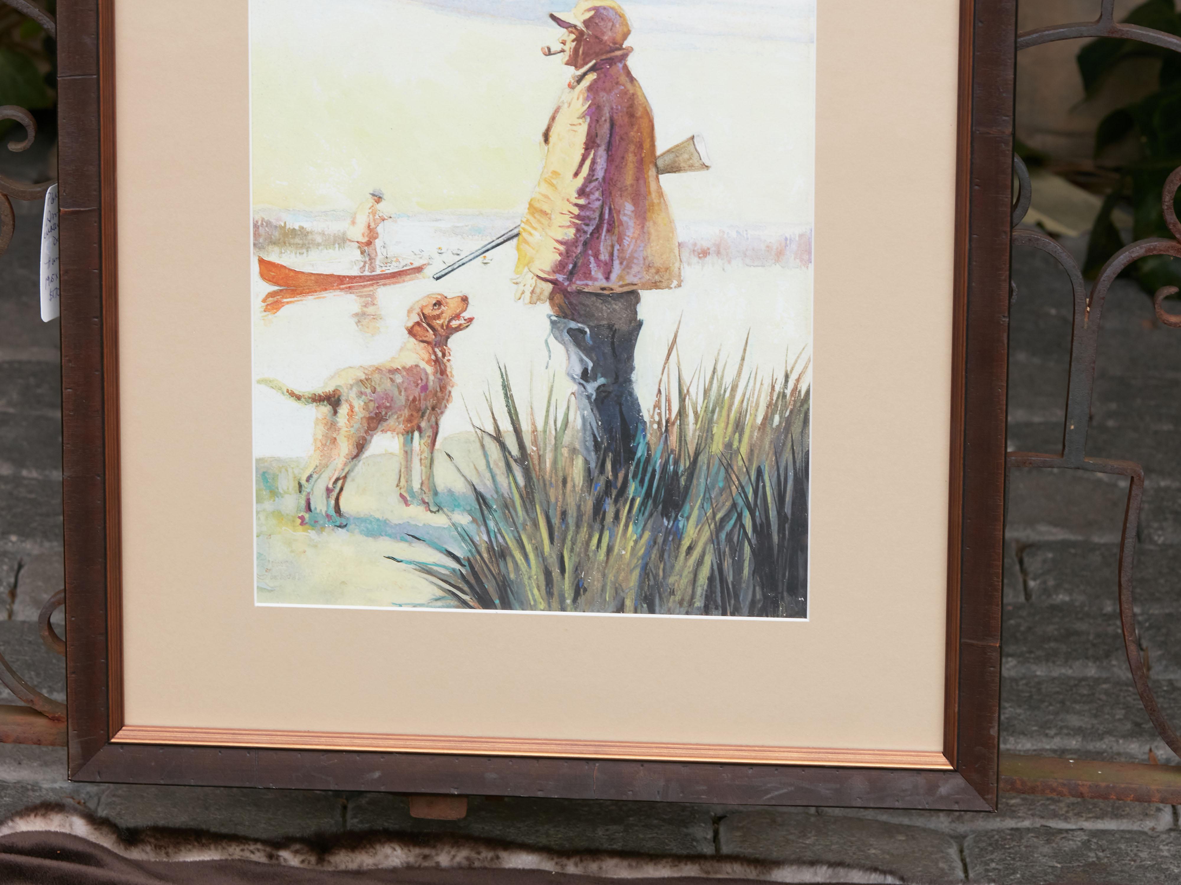 Midcentury American Framed Watercolor Depicting a Hunter and His Dog at Sunrise For Sale 6