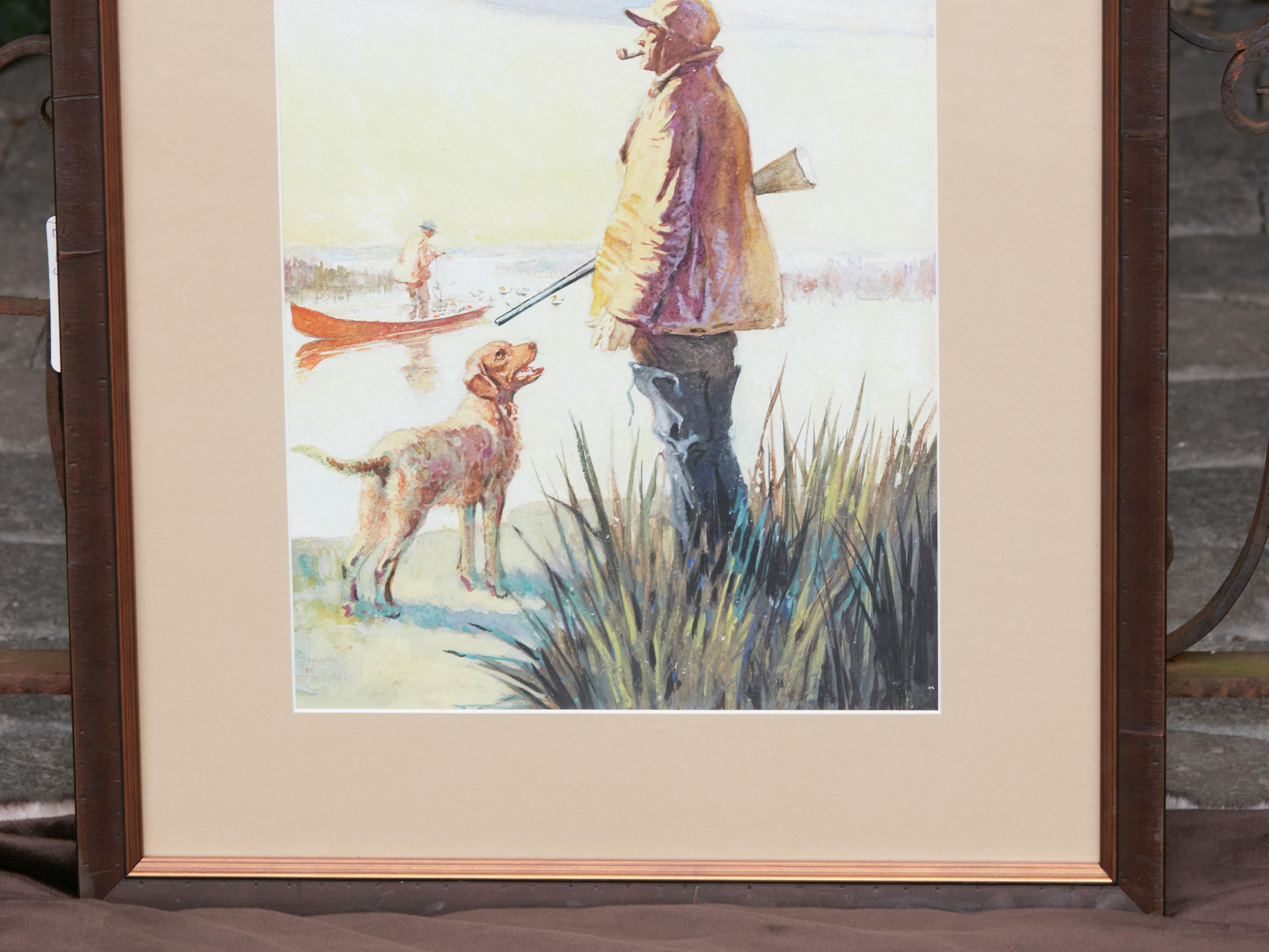 Hand-Painted Midcentury American Framed Watercolor Depicting a Hunter and His Dog at Sunrise For Sale