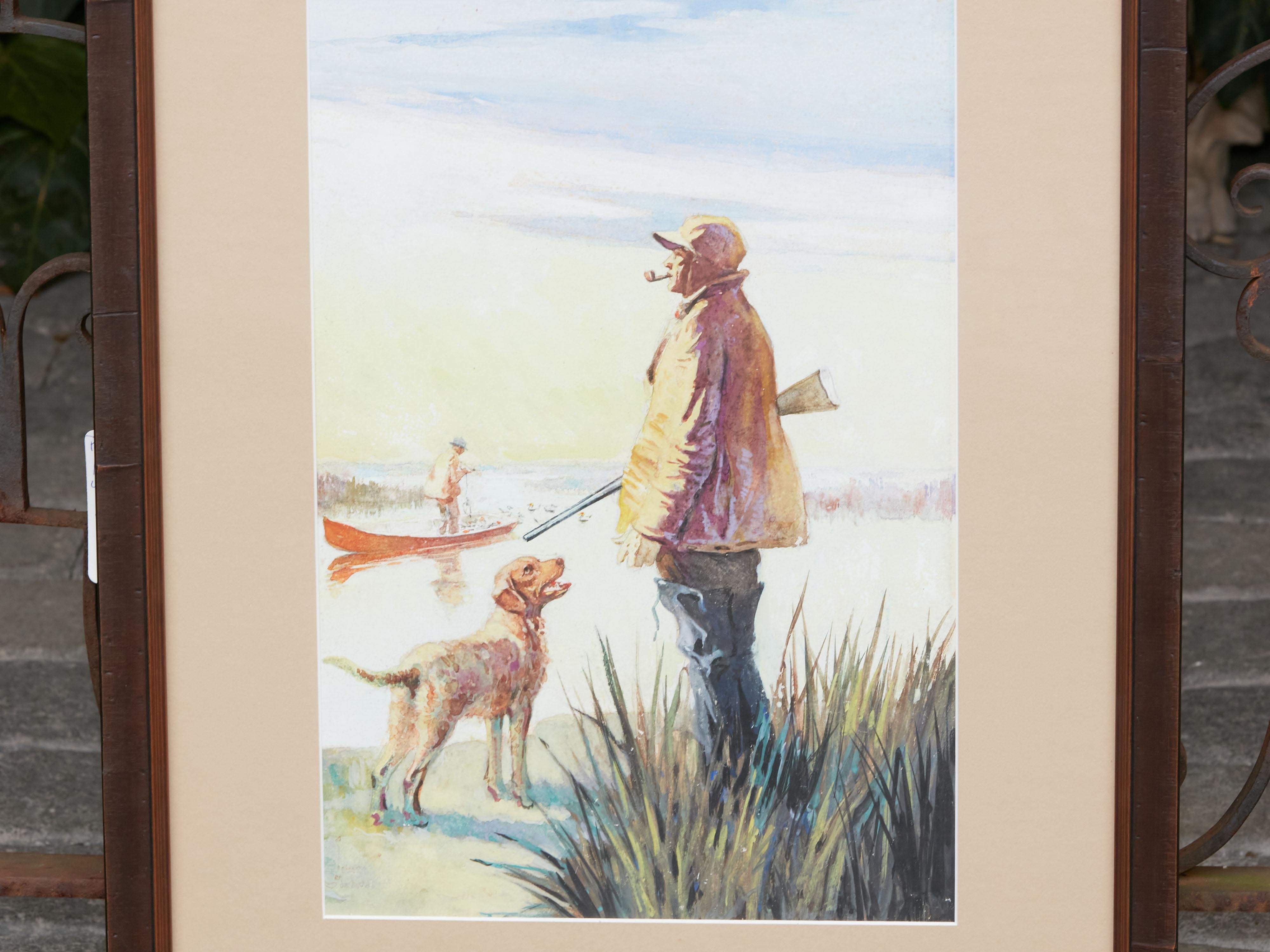 20th Century Midcentury American Framed Watercolor Depicting a Hunter and His Dog at Sunrise For Sale