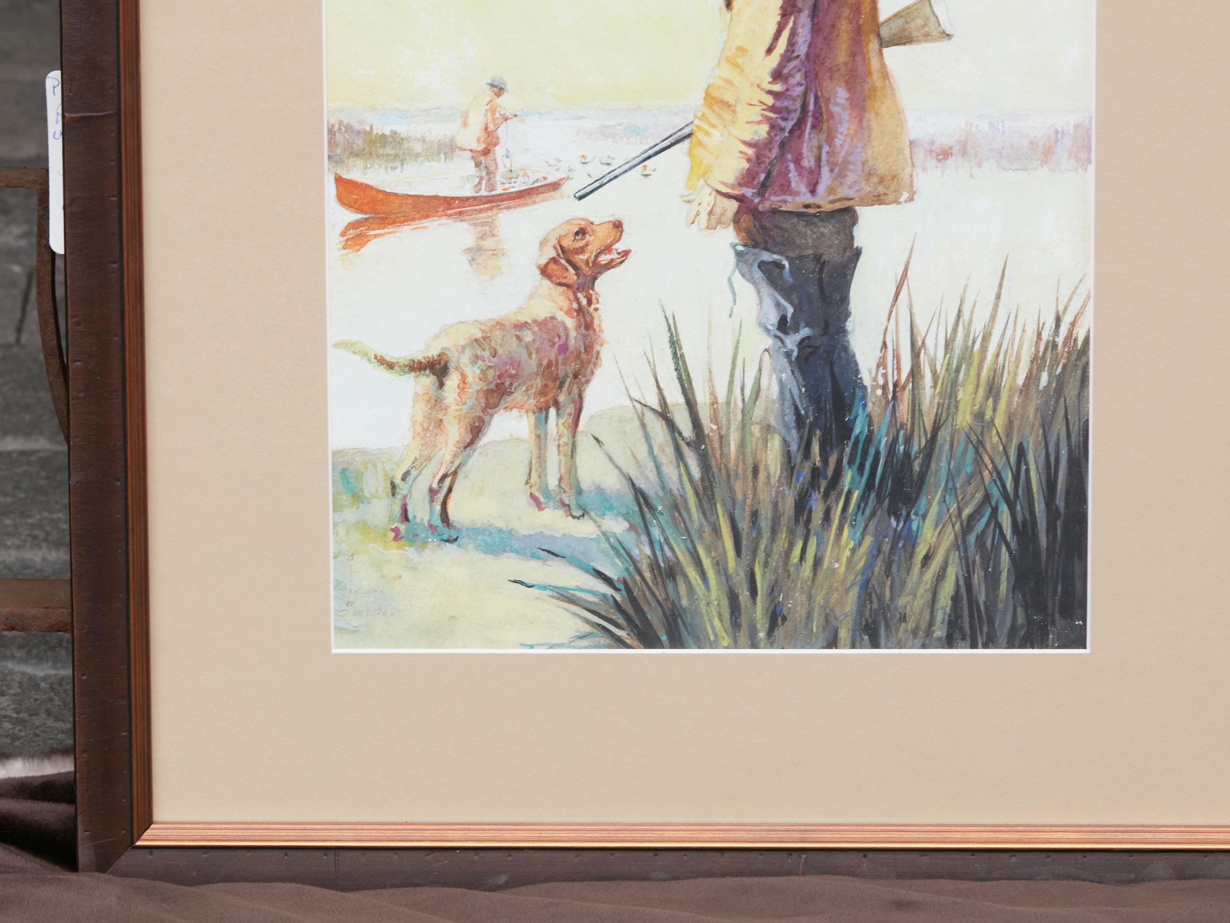 Paper Midcentury American Framed Watercolor Depicting a Hunter and His Dog at Sunrise For Sale