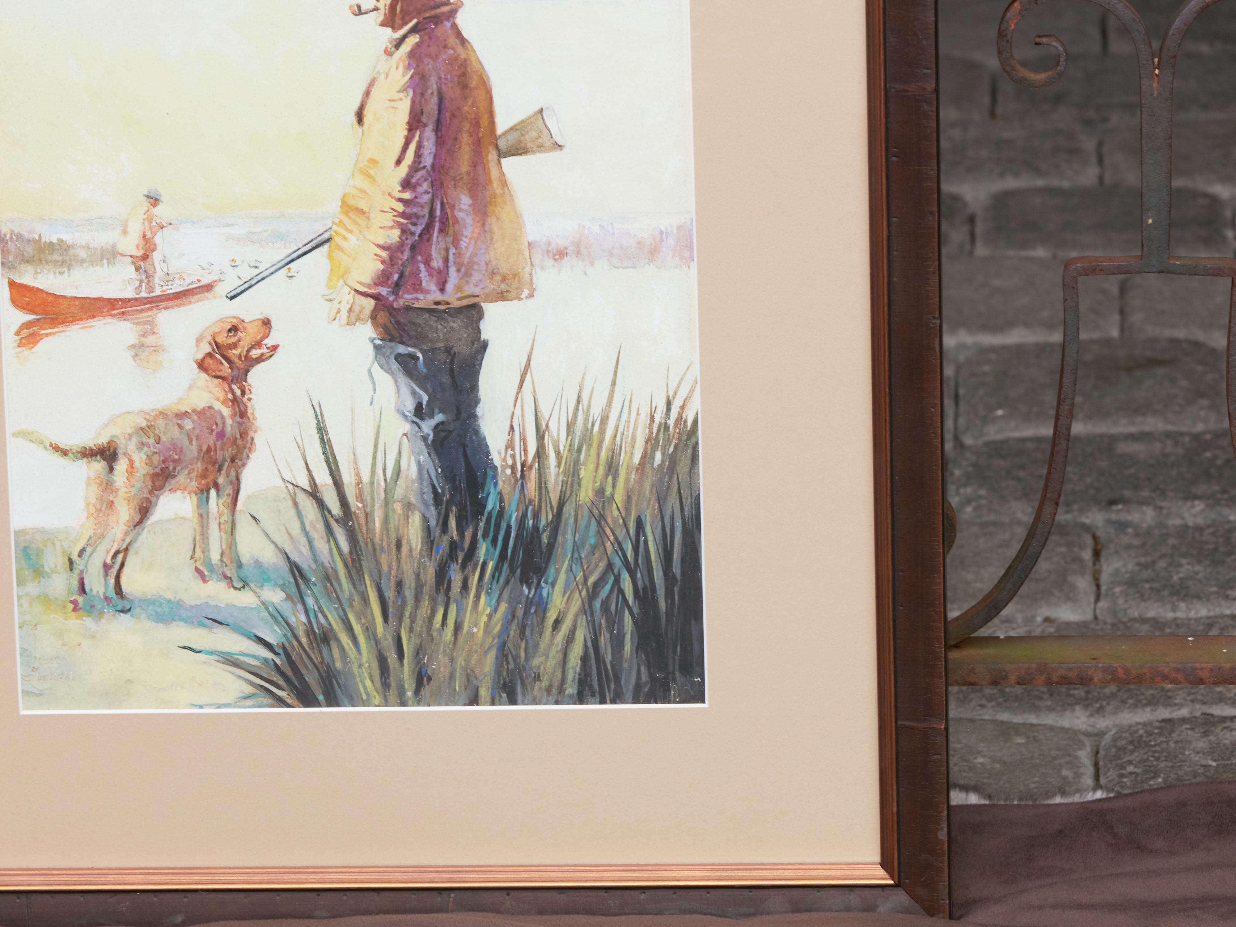 Midcentury American Framed Watercolor Depicting a Hunter and His Dog at Sunrise For Sale 1