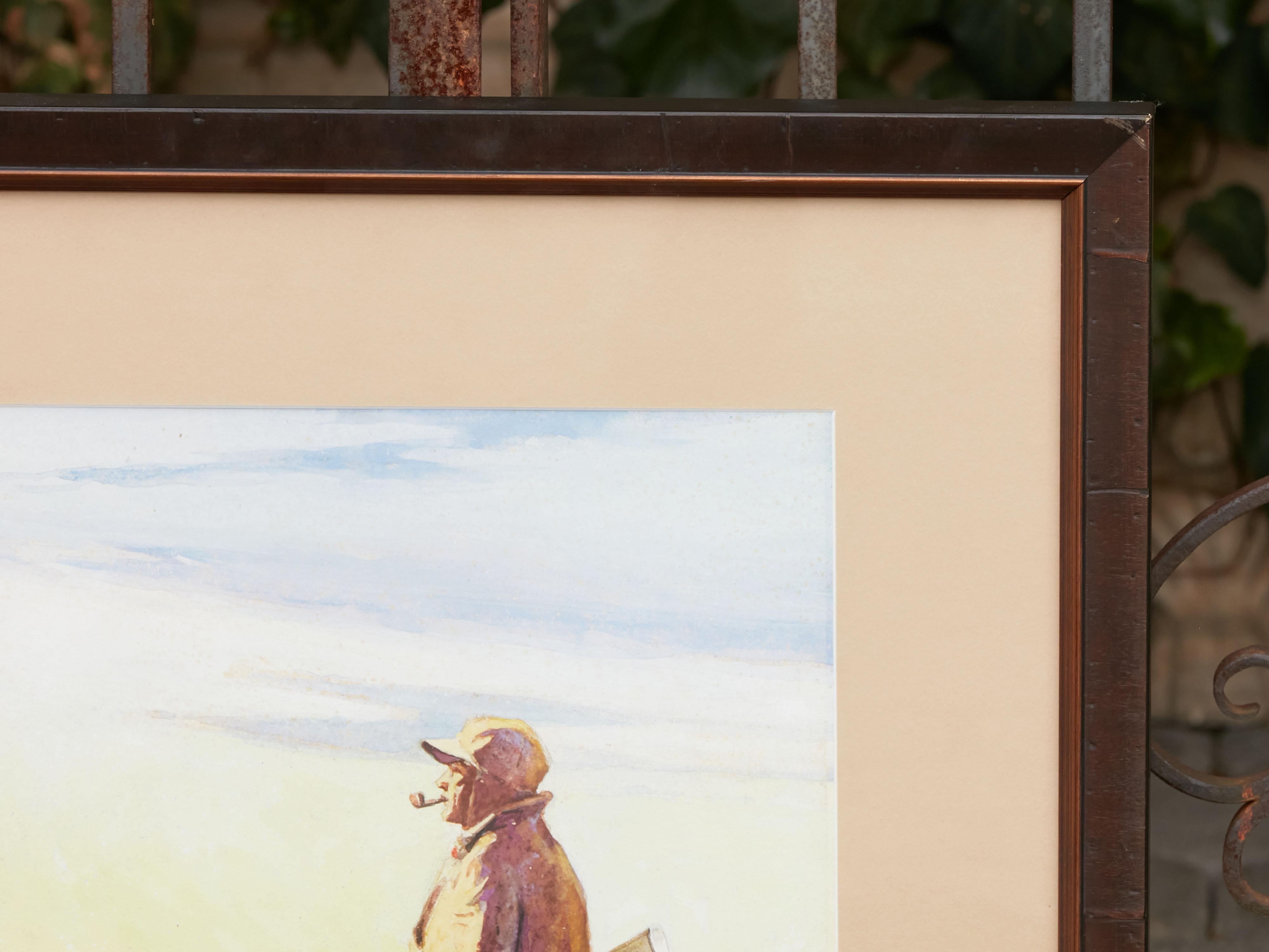 Midcentury American Framed Watercolor Depicting a Hunter and His Dog at Sunrise For Sale 2