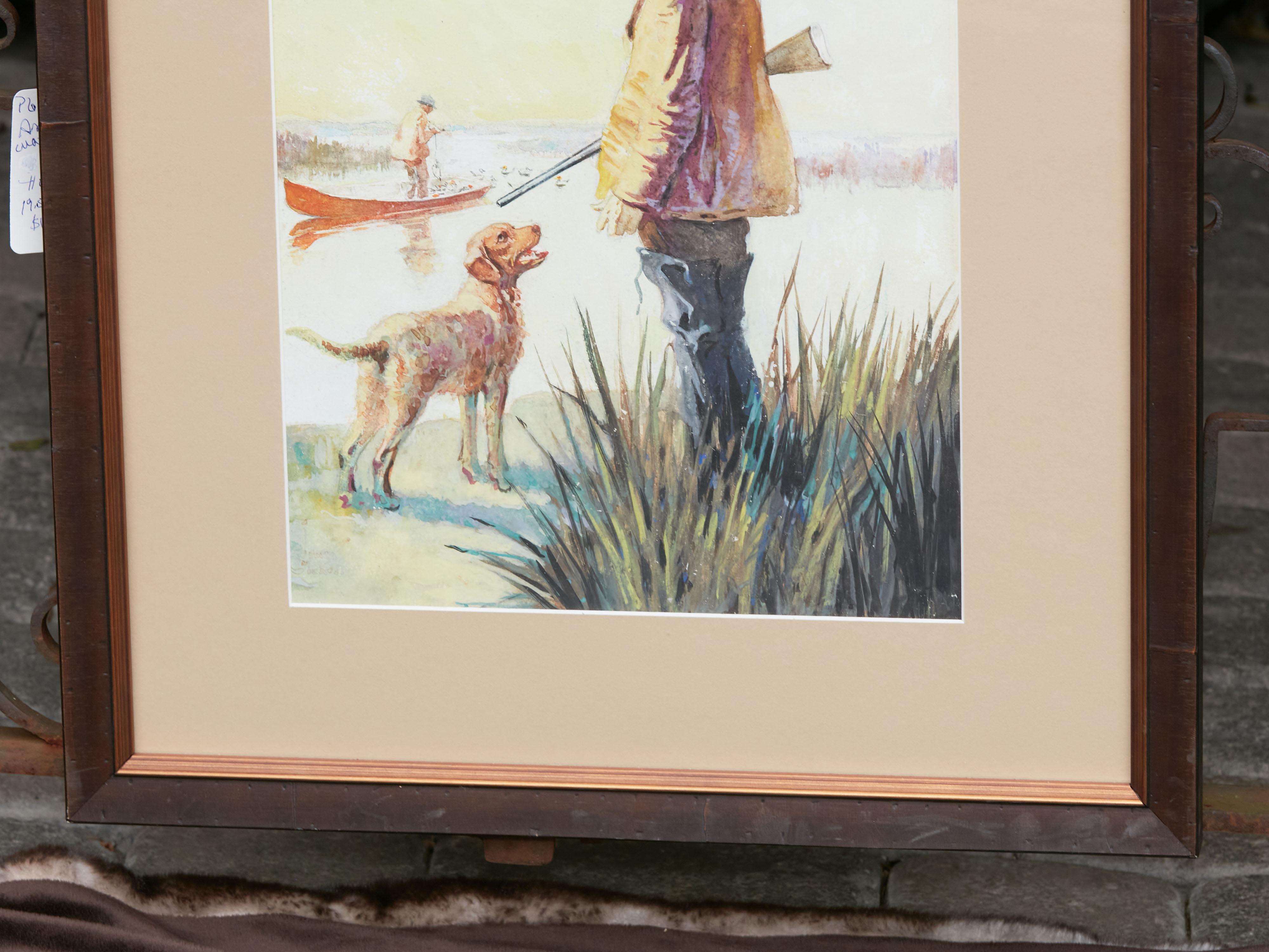 Midcentury American Framed Watercolor Depicting a Hunter and His Dog at Sunrise For Sale 3