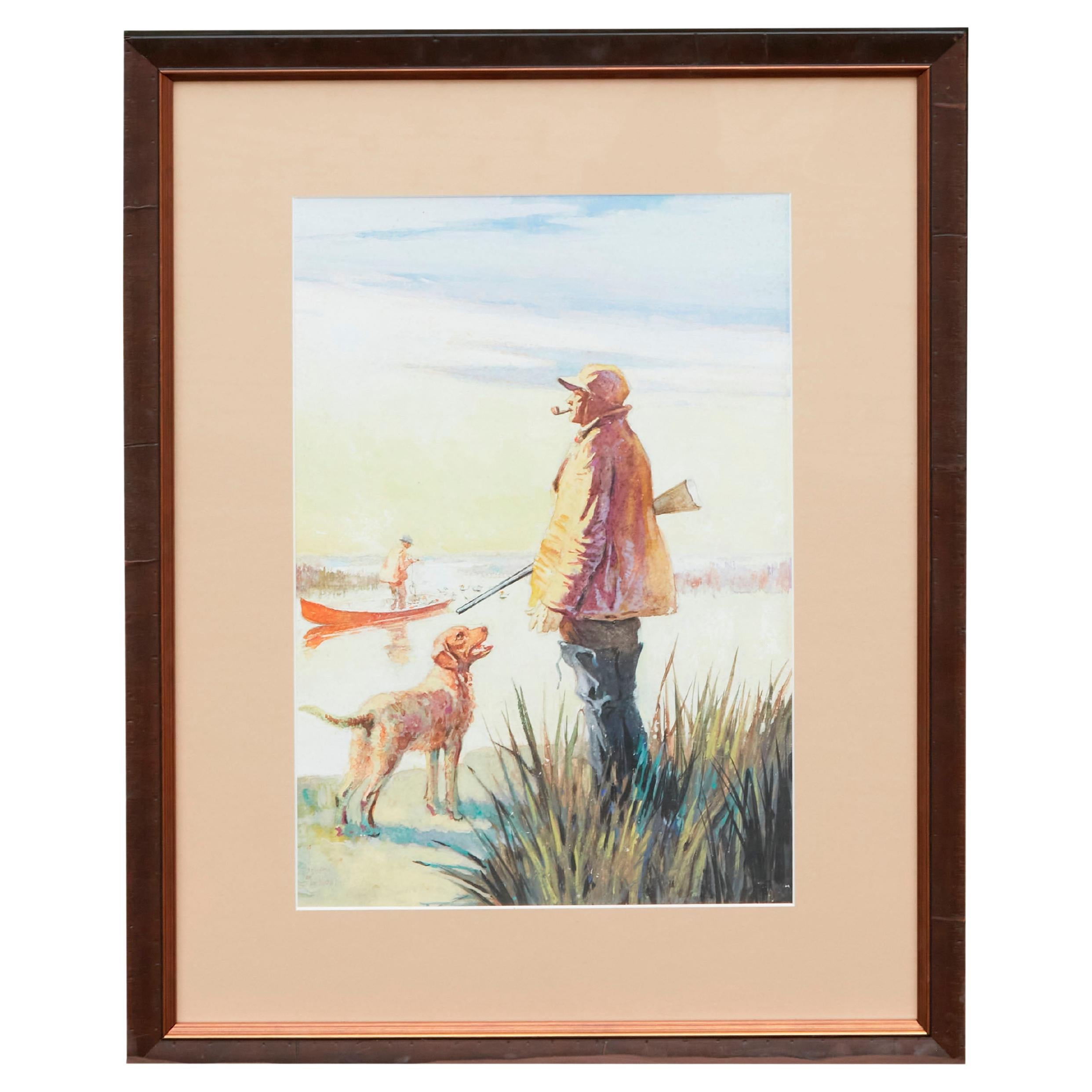 Amerikanisches gerahmtes Aquarell aus der Mitte des Jahrhunderts, das einen Jäger und seinen Hund am Sonnenaufgang darstellt
