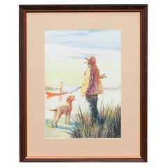 Midcentury American Framed Watercolor Depicting a Hunter and His Dog at Sunrise
