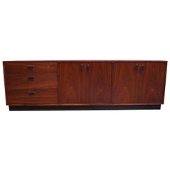 Midcentury American Modern Walnut Credenza with Ebonized Plinth Base