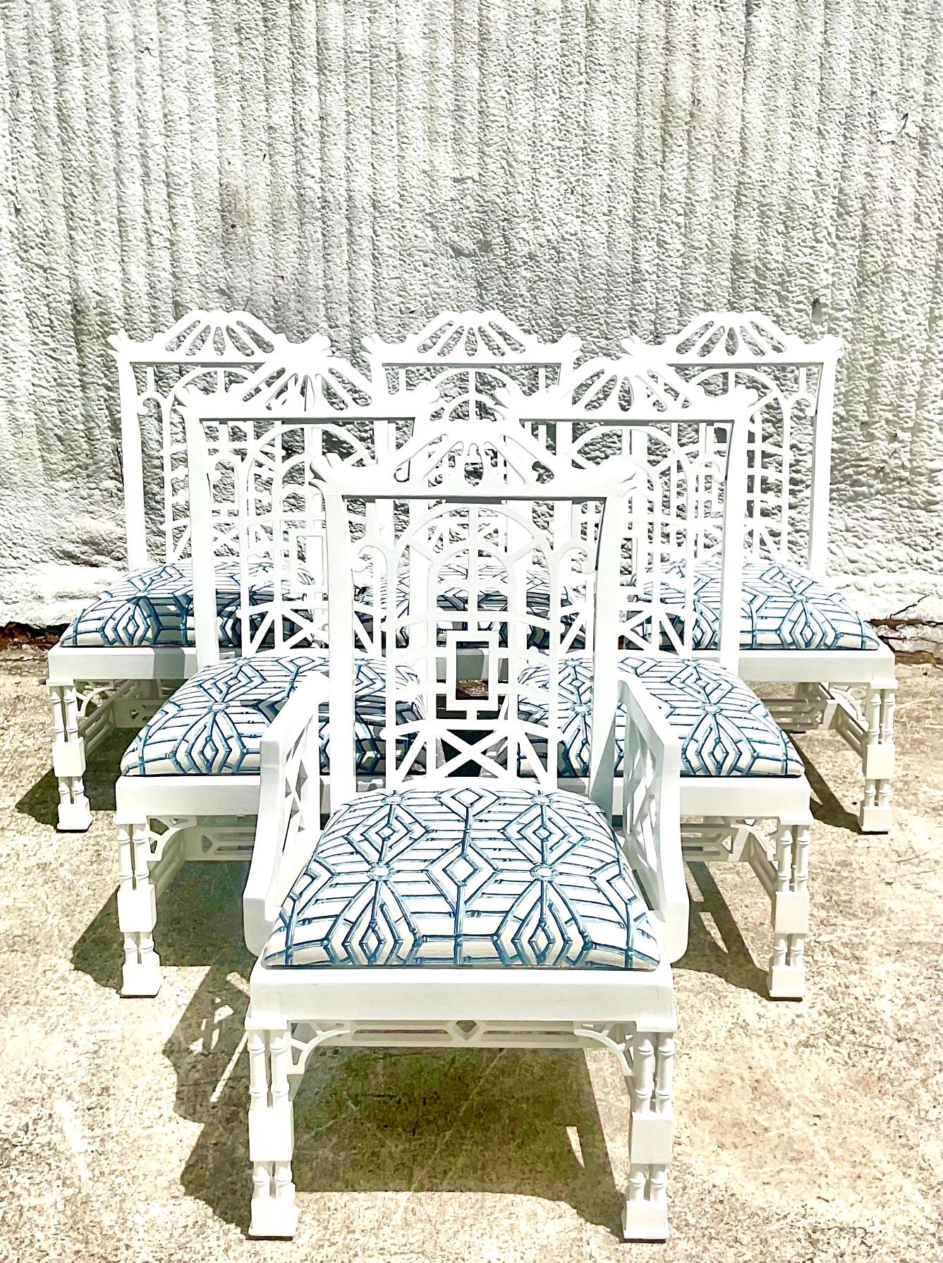 Pristine set of six American of Martinsville dining chairs. Freshly lacquered bright white on a chic pagoda shape. Acquired from a Palm Beach estate.