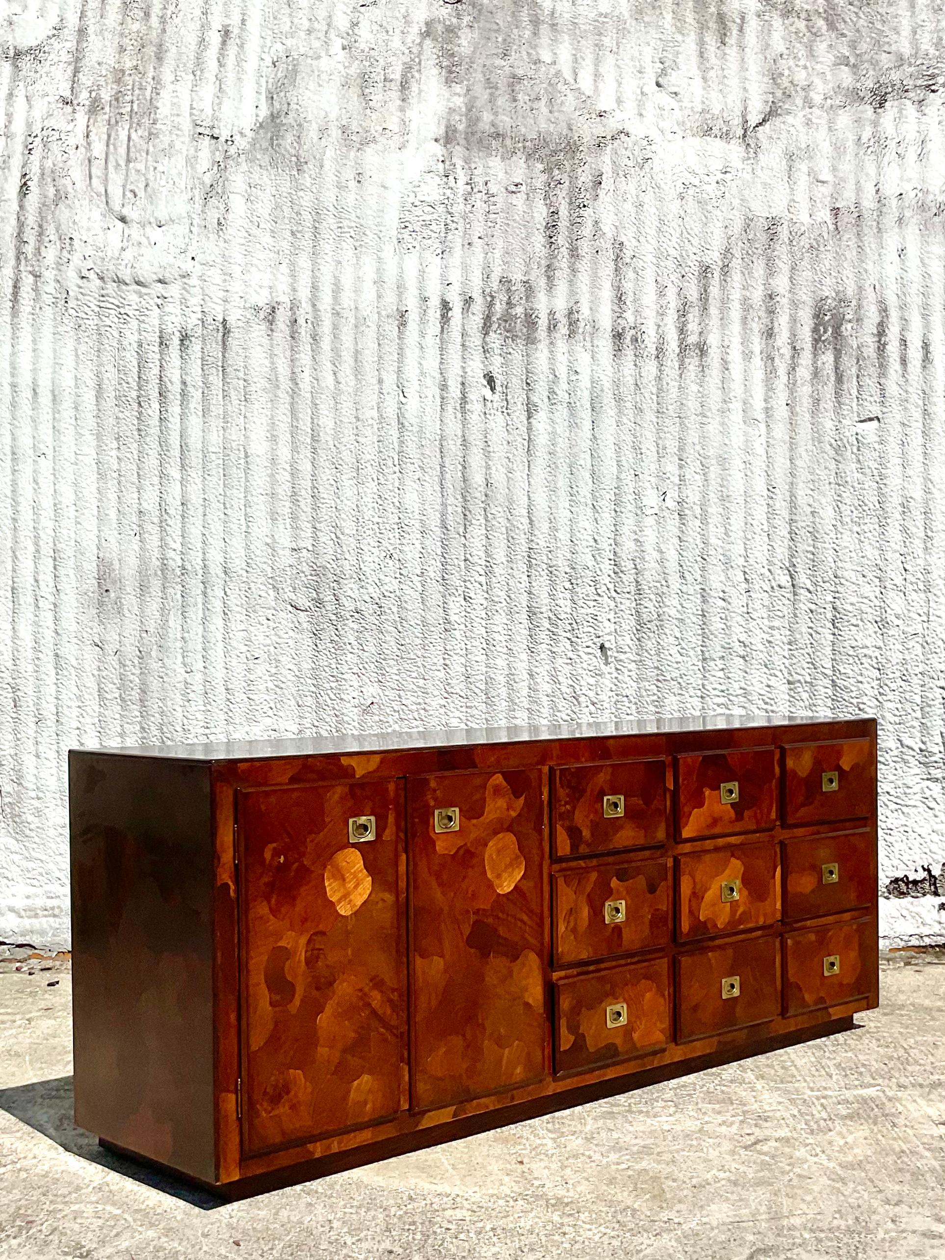 Mid-Century Modern Midcentury American of Martinsville Patchwork Olive Wood Dresser