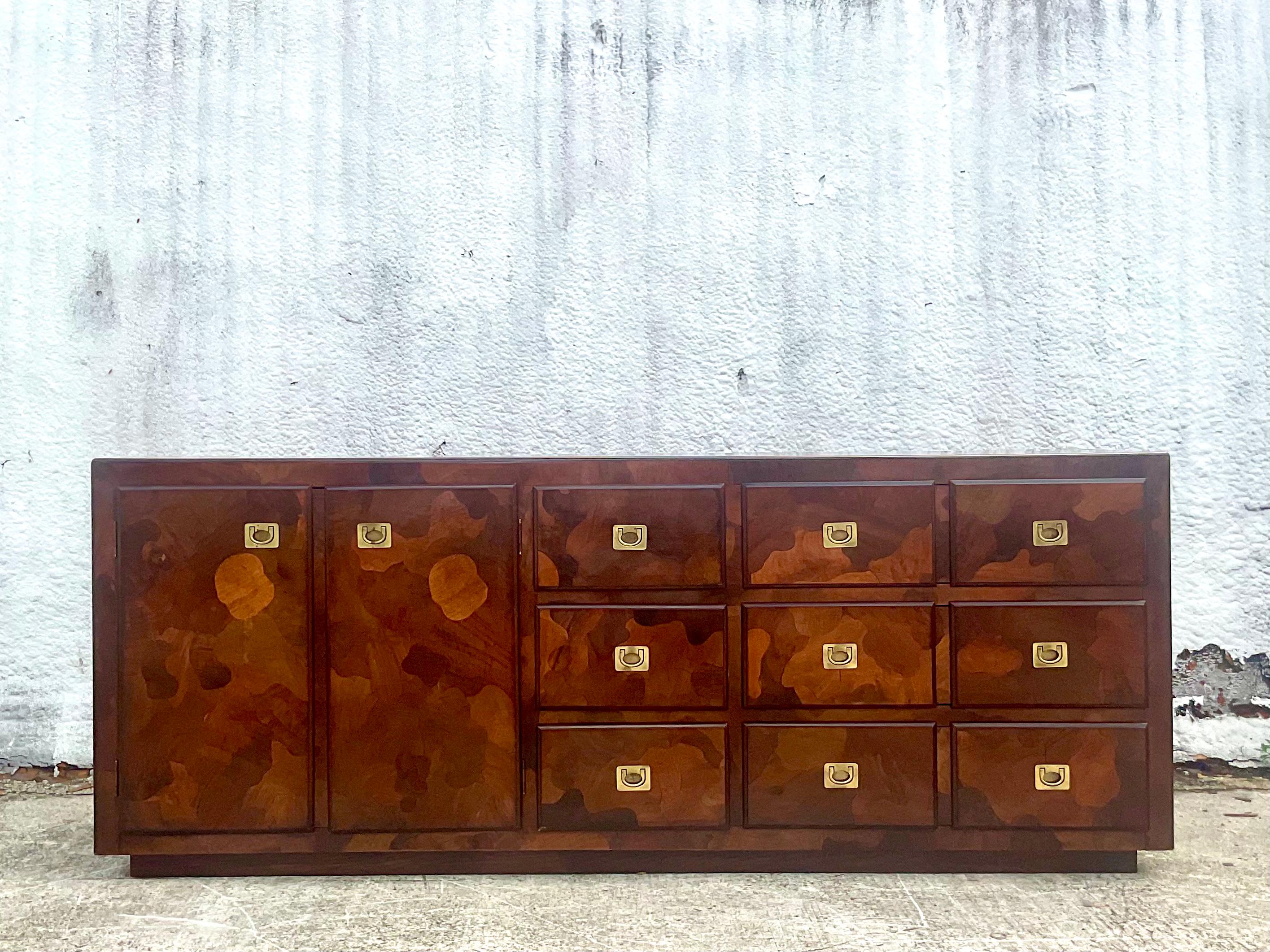 Midcentury American of Martinsville Patchwork Olive Wood Dresser 2