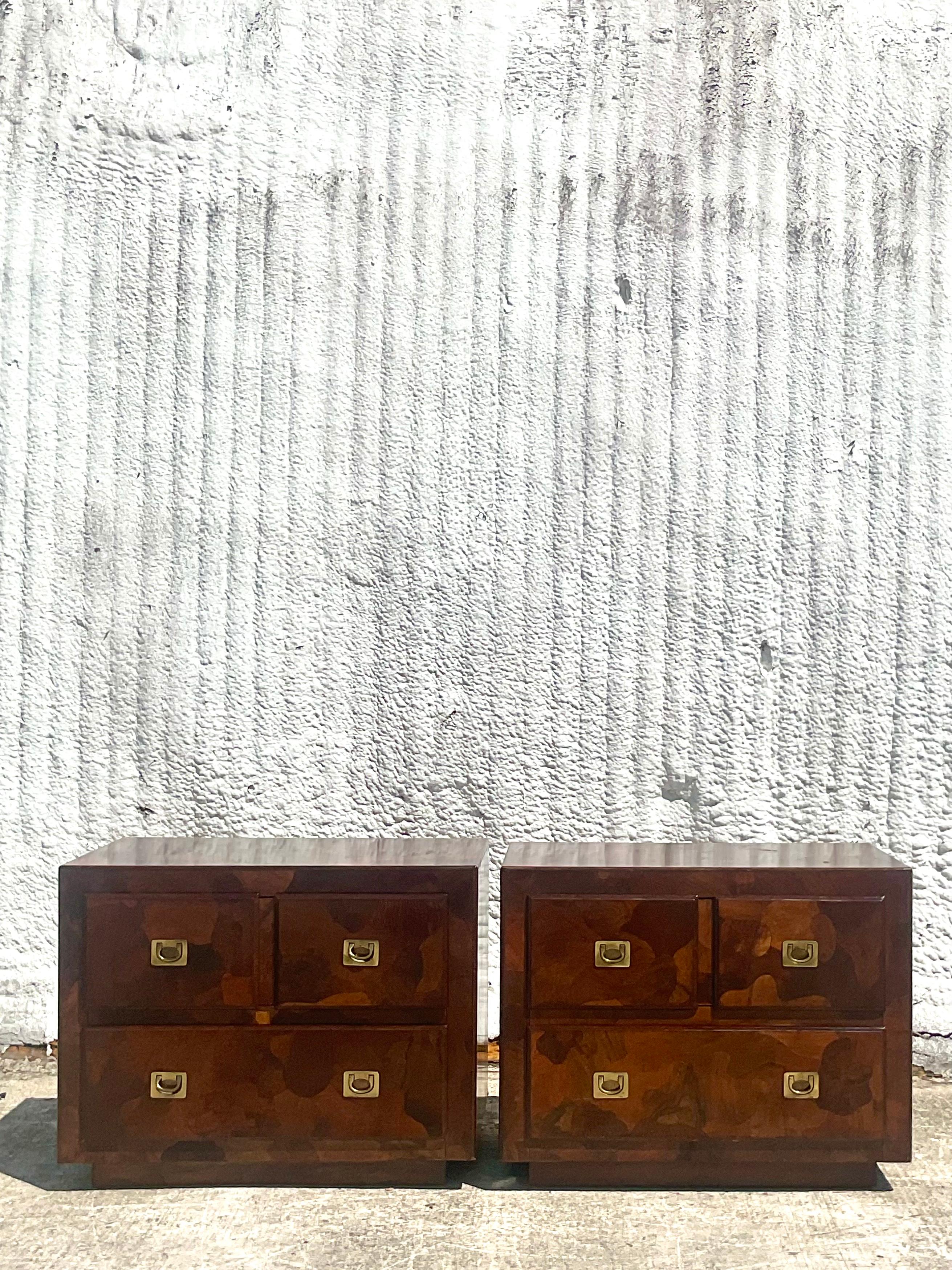 Mid-Century Modern Midcentury American of Martinsville Patchwork Olive Wood Nightstands, a Pair