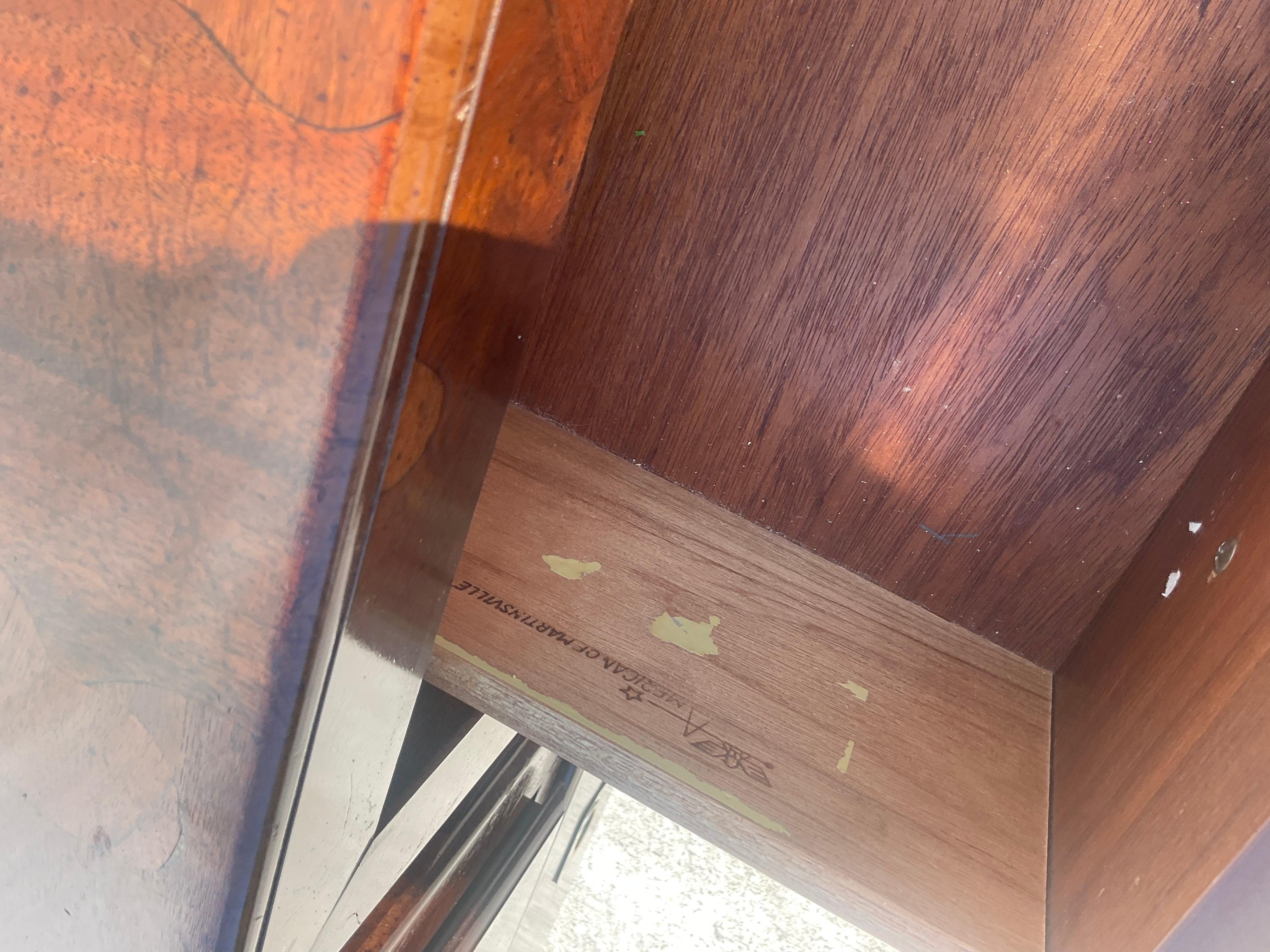 20th Century Midcentury American of Martinsville Patchwork Olive Wood Nightstands, a Pair