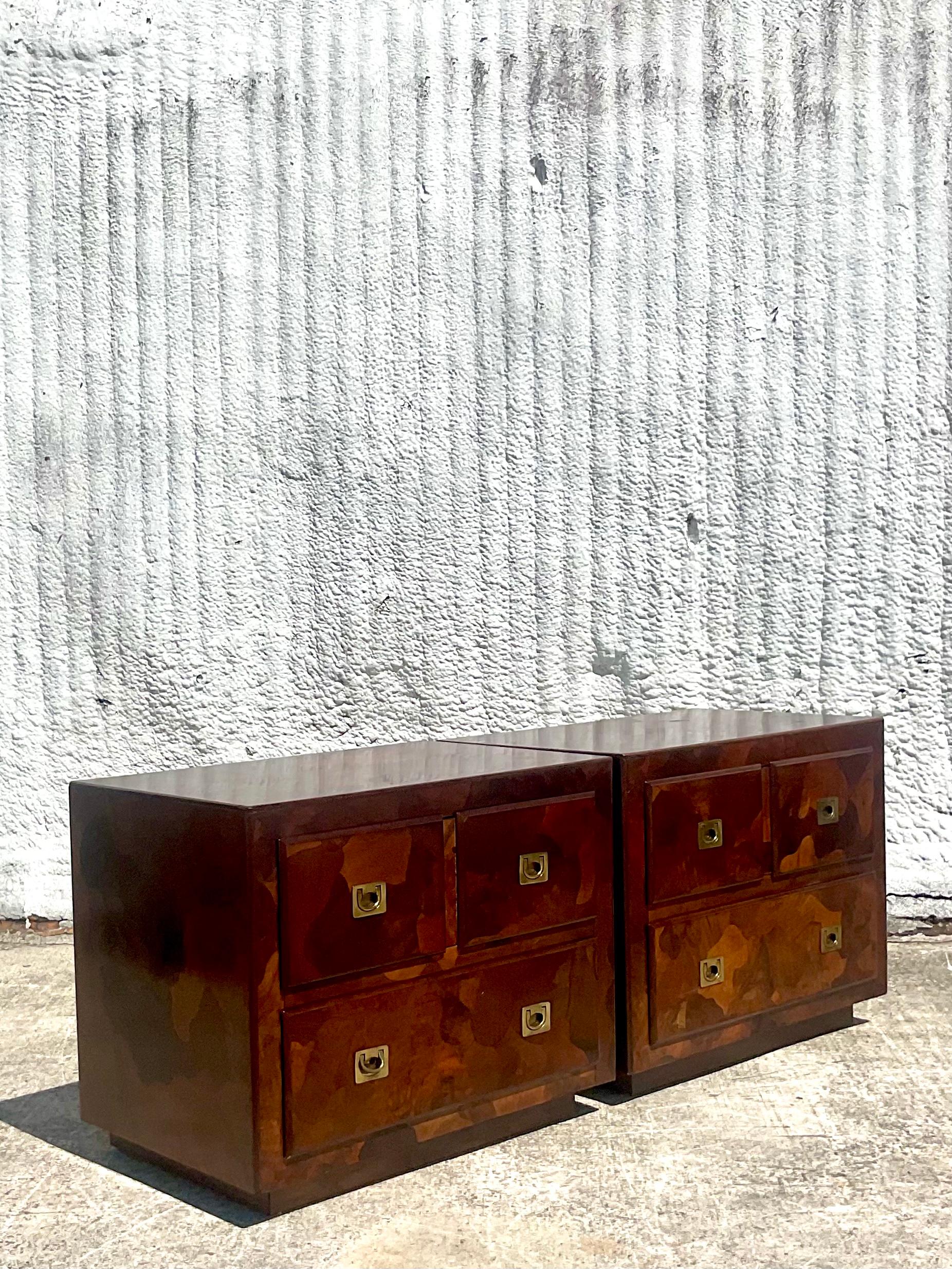 Midcentury American of Martinsville Patchwork Olive Wood Nightstands, a Pair 1