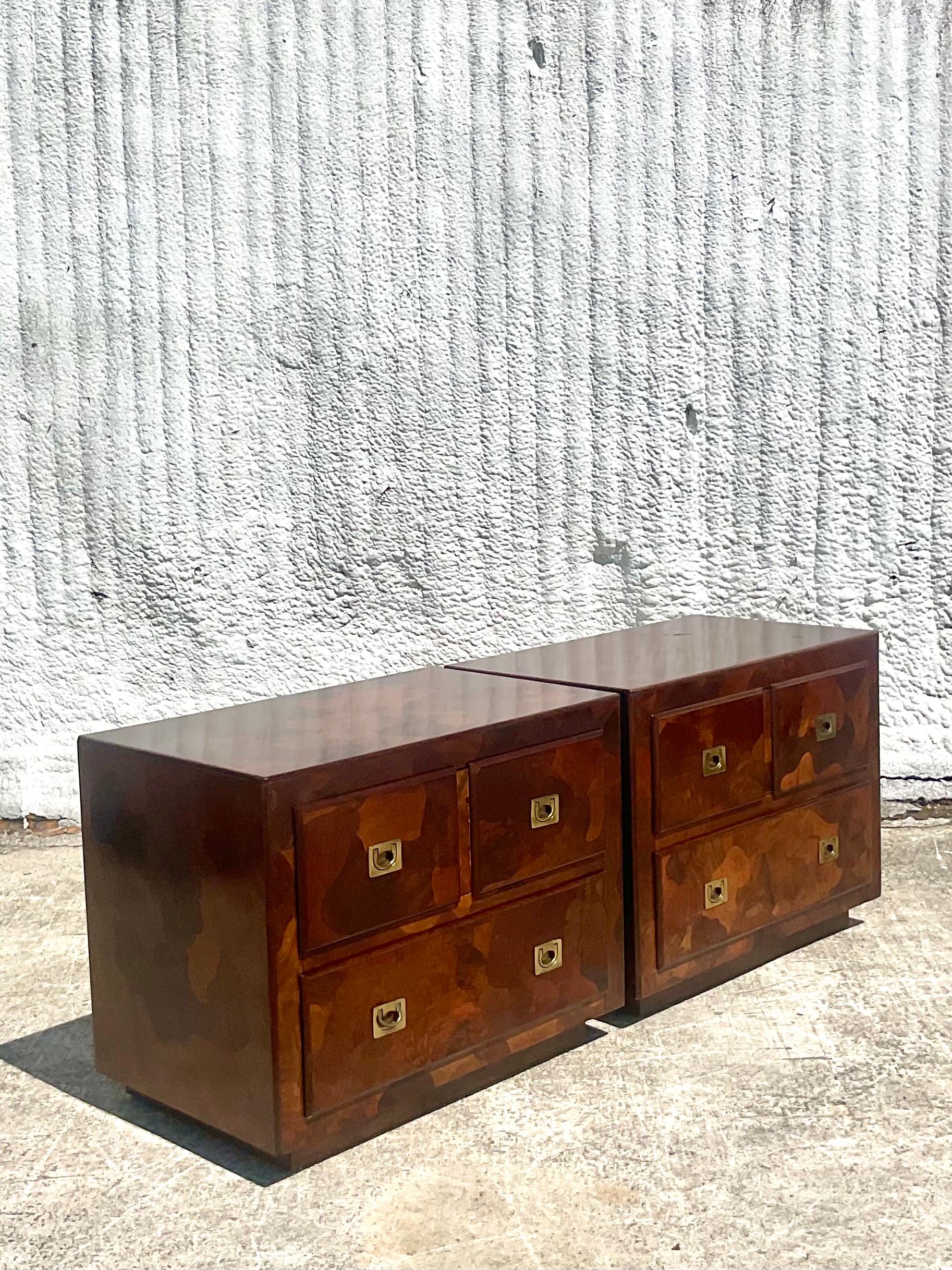 Midcentury American of Martinsville Patchwork Olive Wood Nightstands, a Pair 2