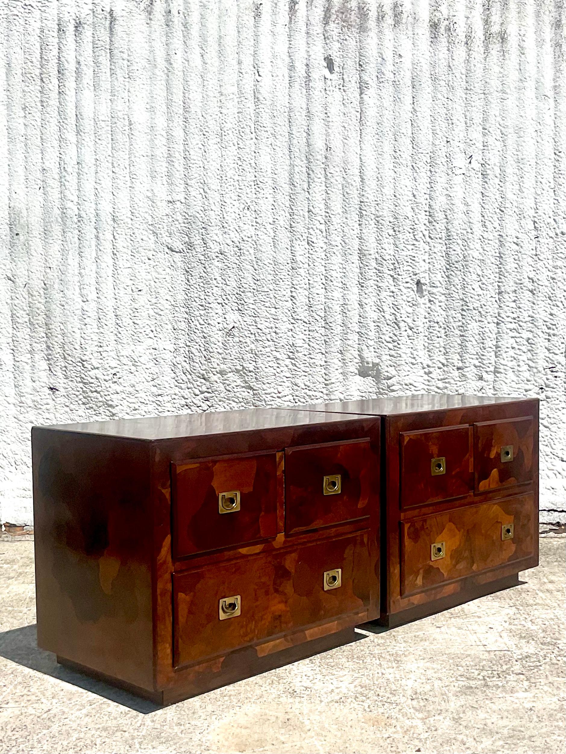 Midcentury American of Martinsville Patchwork Olive Wood Nightstands, a Pair 3