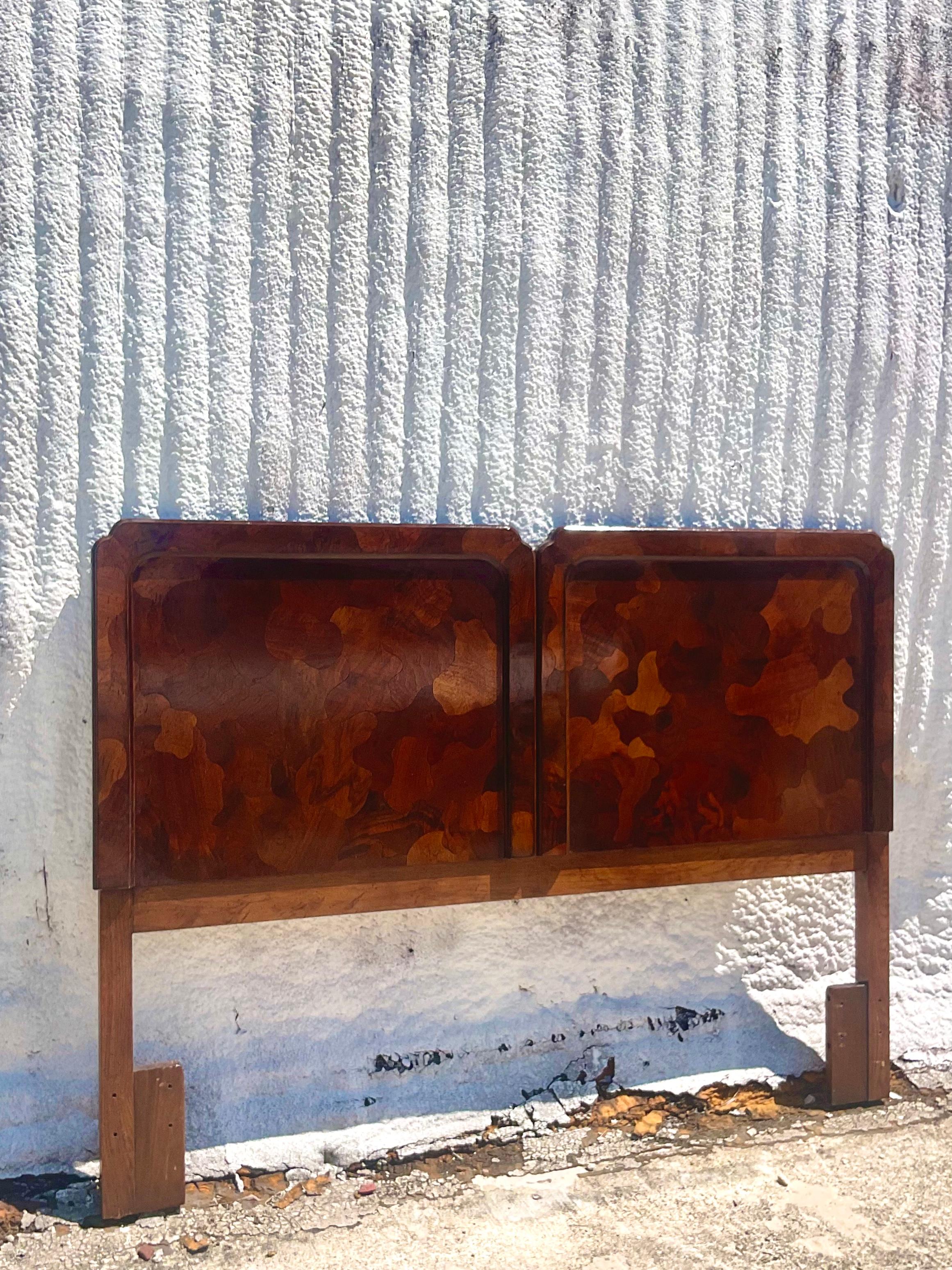 Fabulous Midcentury Queen size headboard. Made by the iconic American Of Martinsville group. Beautiful patchwork Olive Wood design in deep rich colors.