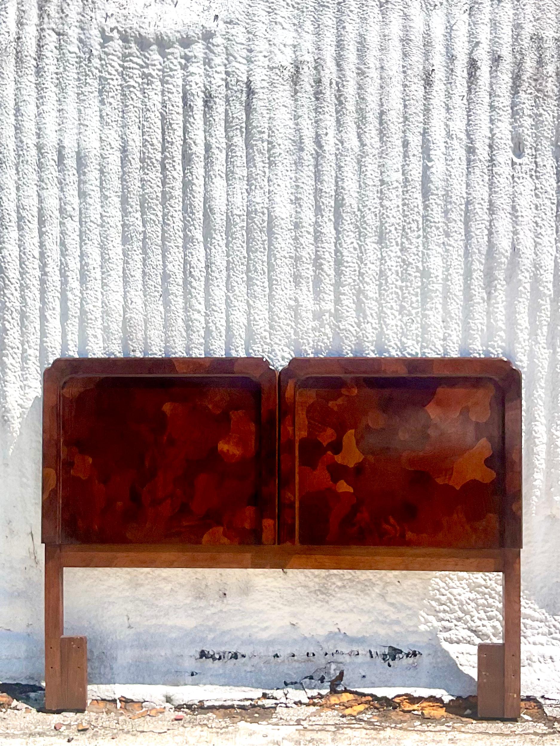 Midcentury American Of Martinsville Patchwork Olive Wood Queen Size Headboard In Good Condition In west palm beach, FL