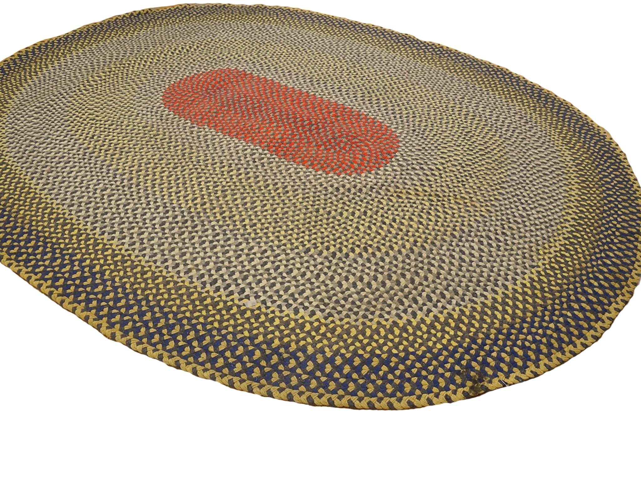 Hand-Woven Midcentury American Oval Hooked Rug For Sale
