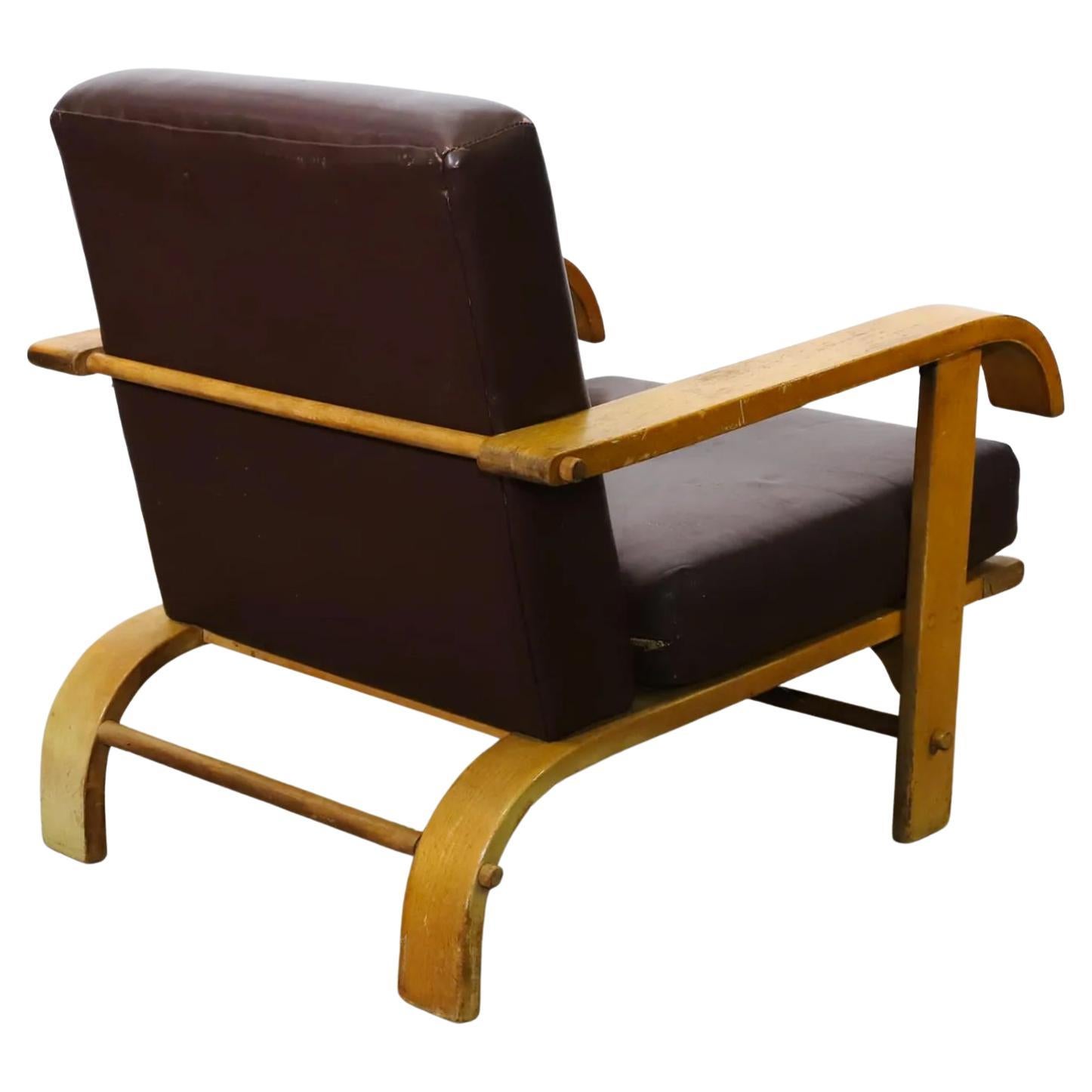 Travail du bois Chaise longue américaine Russel Wright Midcentury en cuir brun érable Conant Ball en vente