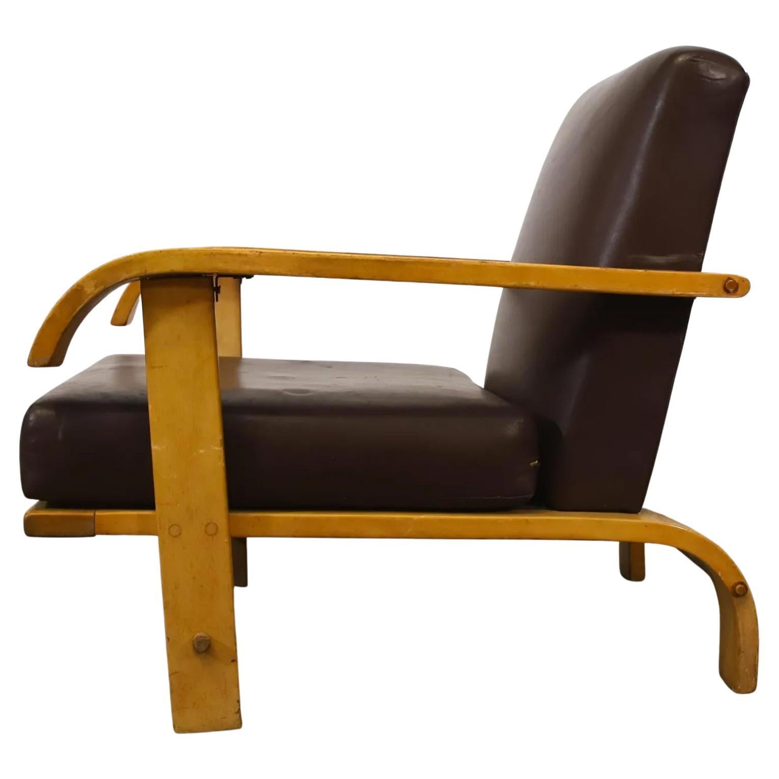 Mid-Century American Russel Wright Maple Brown Leather Lounge Chair Conant Ball For Sale