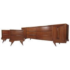 Midcentury American Walnut Dresser with Matching Nightstands