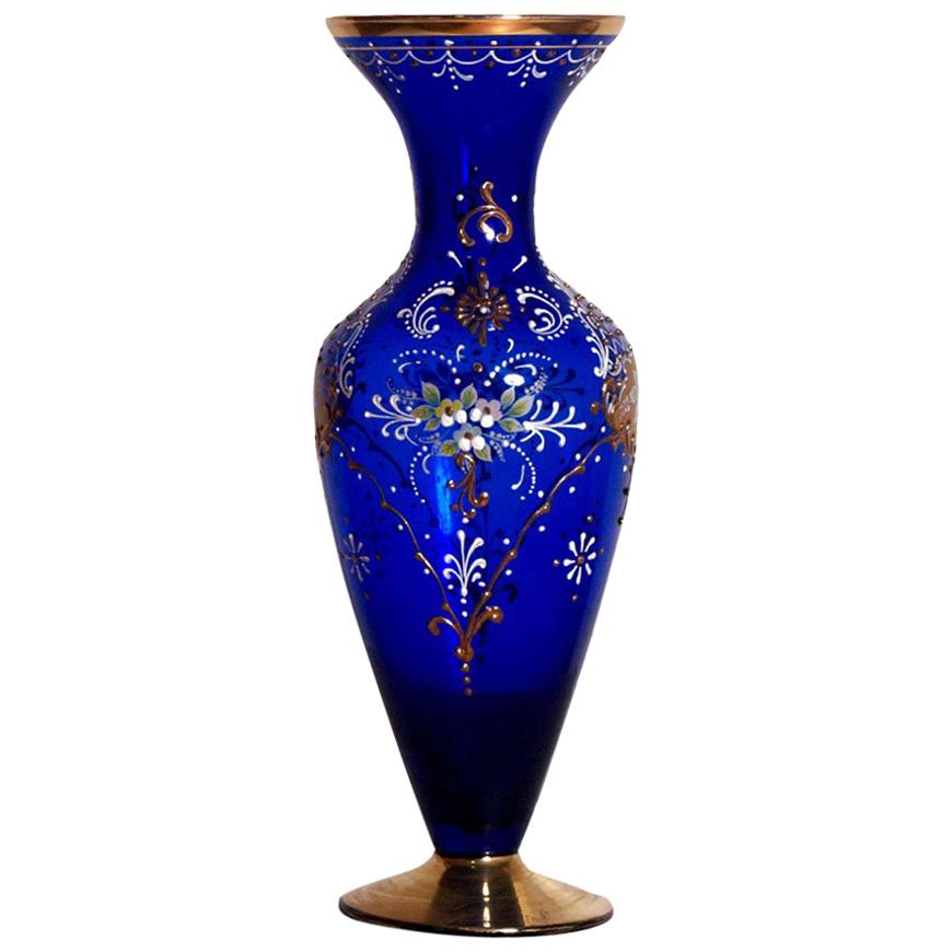 Midcentury Amphora Murano Glass, Decorated in Pure Gold Hand Polychrome Enamels For Sale