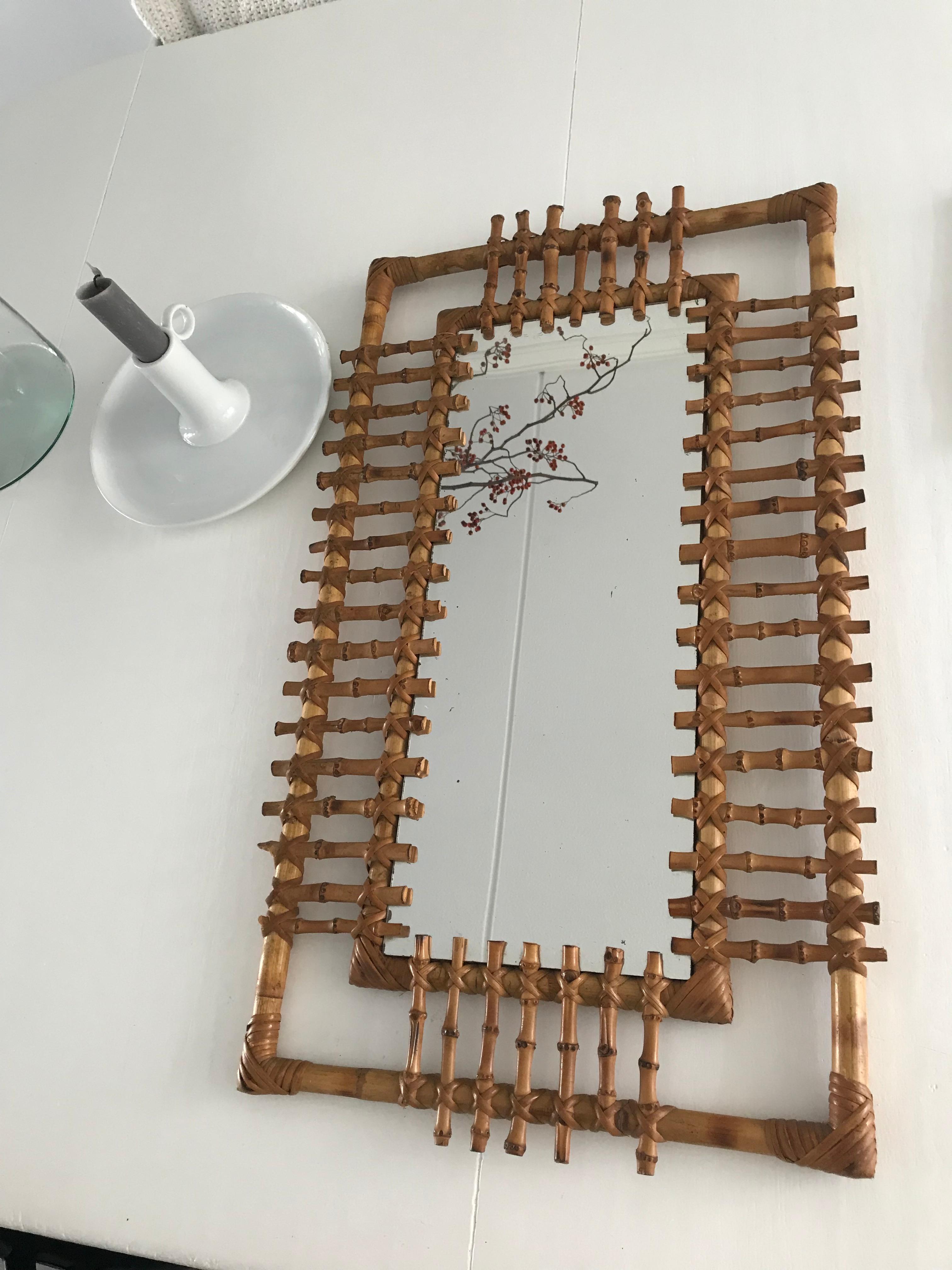 Midcentury and Handwoven, Stylishly Organic Cane on Bamboo Wall Mirror 5