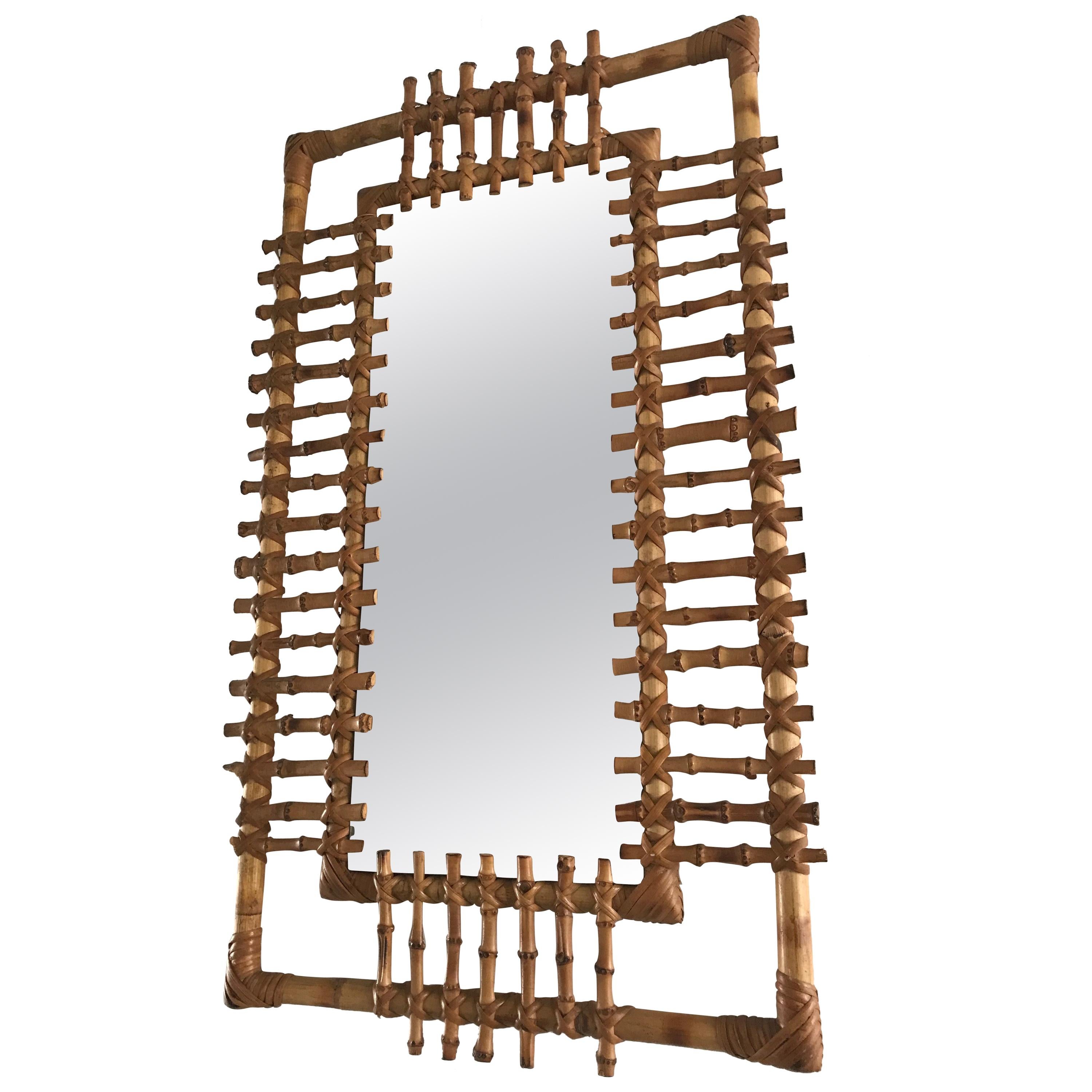 Midcentury and Handwoven, Stylishly Organic Cane on Bamboo Wall Mirror