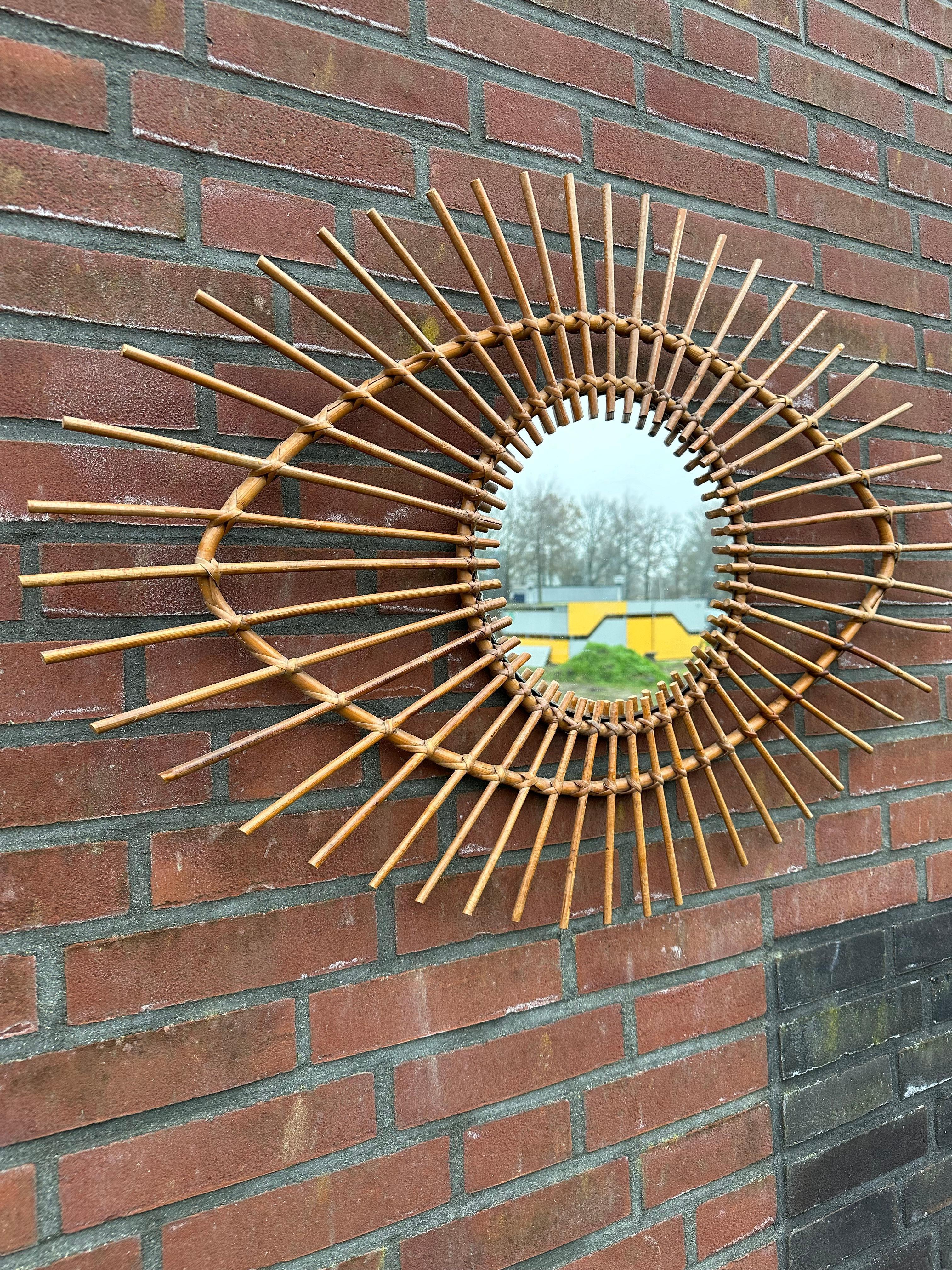 20th Century Midcentury and Handwoven, Stylishly Organic Eye-Like Cane on Bamboo Wall Mirror For Sale
